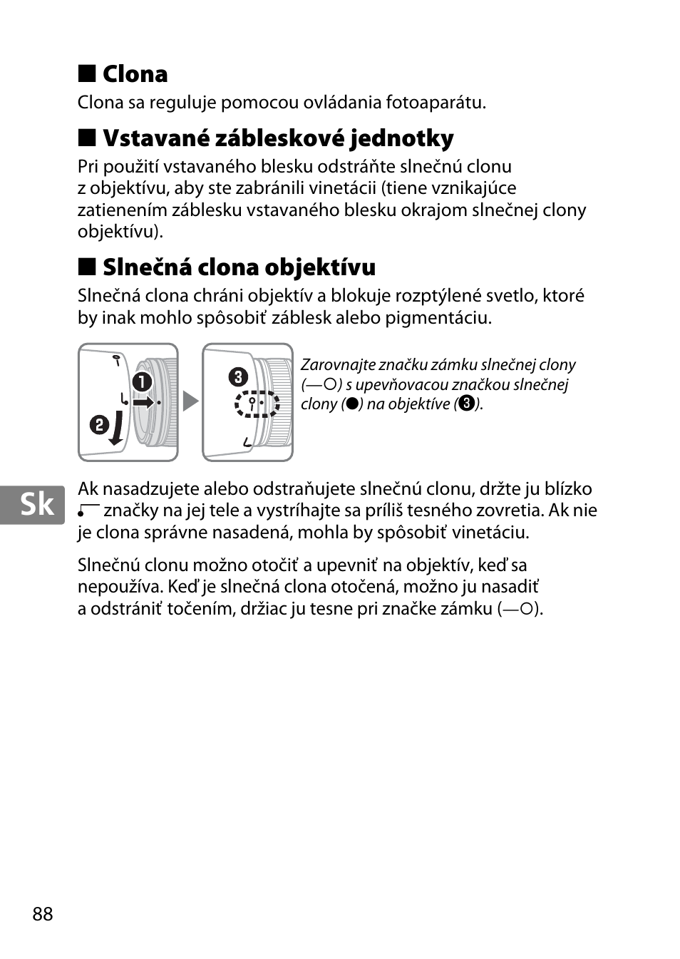 Clona, Vstavané zábleskové jednotky, Slnečná clona objektívu | Jp en de fr es sv ru nl it cz sk ro ua ck ch kr | Nikon 85mm-f-14G-AF-S-Nikkor User Manual | Page 88 / 140