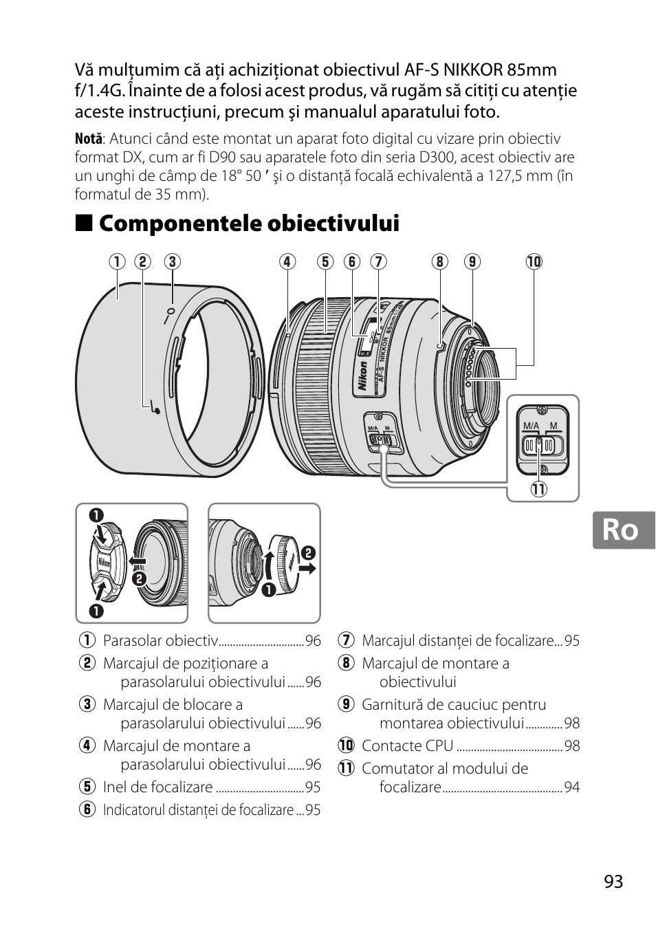 Componentele obiectivului, Jp en de fr es sv ru nl it cz sk ro ua ck ch kr | Nikon 85mm-f-14G-AF-S-Nikkor User Manual | Page 93 / 140