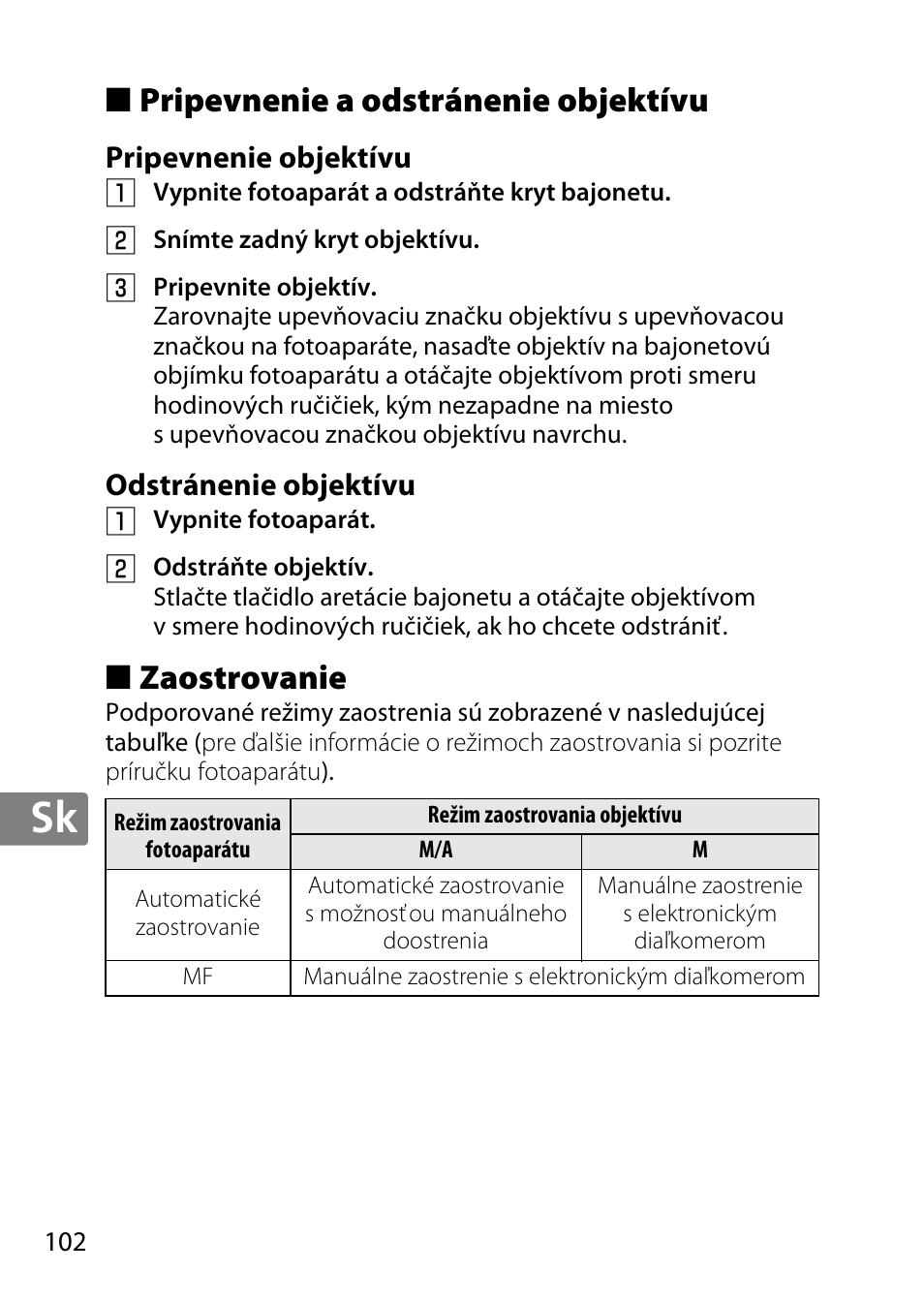 Pripevnenie a odstránenie objektívu, Pripevnenie objektívu, Odstránenie objektívu | Zaostrovanie | Nikon 40mm-f-28G-AF-S-DX-Micro-Nikkor User Manual | Page 102 / 168