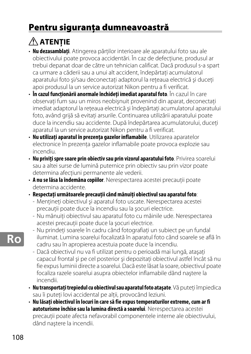 Pentru siguranţa dumneavoastră, Atenţie | Nikon 40mm-f-28G-AF-S-DX-Micro-Nikkor User Manual | Page 108 / 168