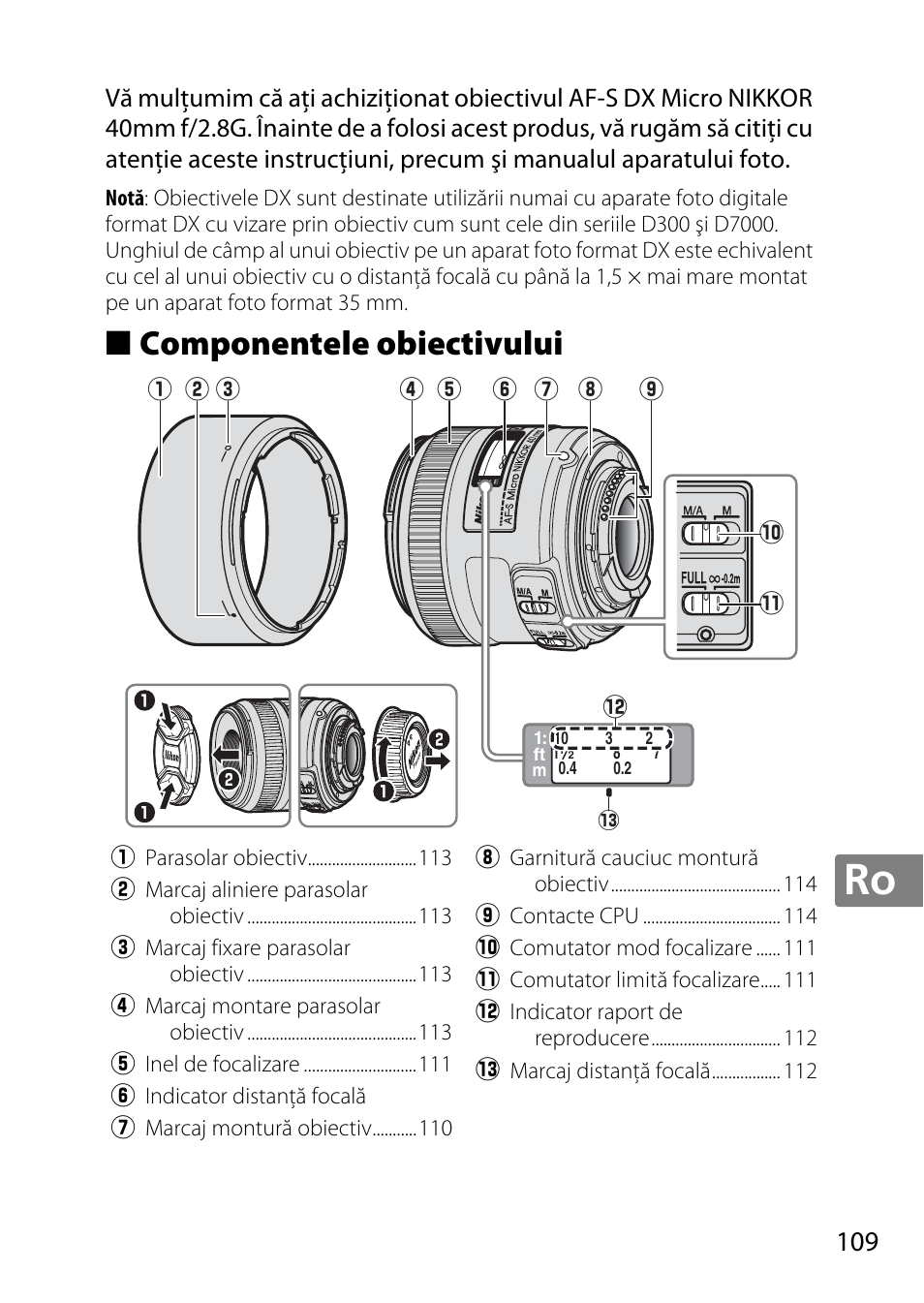Componentele obiectivului | Nikon 40mm-f-28G-AF-S-DX-Micro-Nikkor User Manual | Page 109 / 168