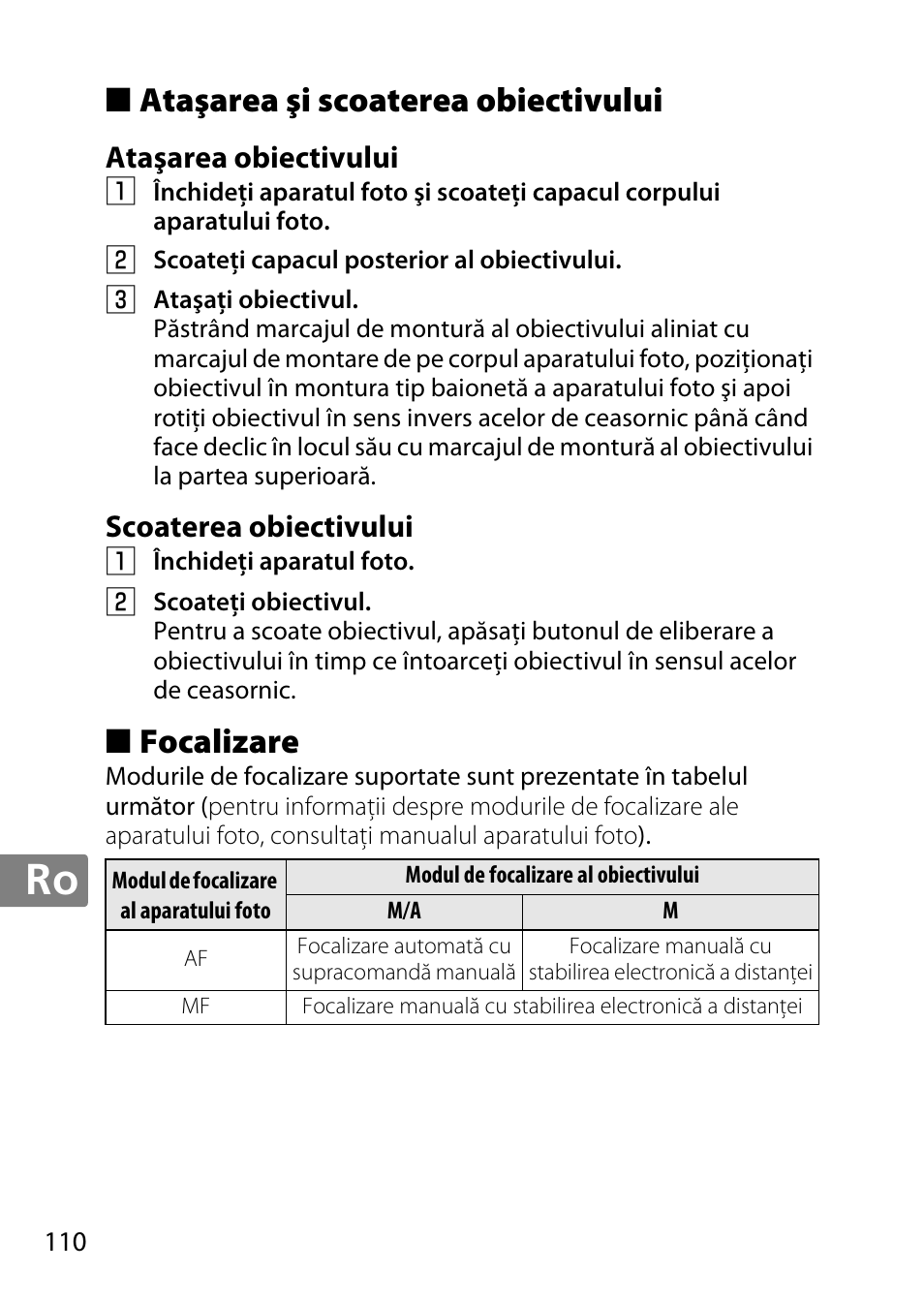 Ataşarea şi scoaterea obiectivului, Ataşarea obiectivului, Scoaterea obiectivului | Focalizare | Nikon 40mm-f-28G-AF-S-DX-Micro-Nikkor User Manual | Page 110 / 168