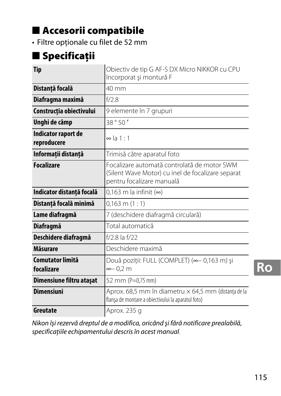 Accesorii compatibile, Specificaţii | Nikon 40mm-f-28G-AF-S-DX-Micro-Nikkor User Manual | Page 115 / 168