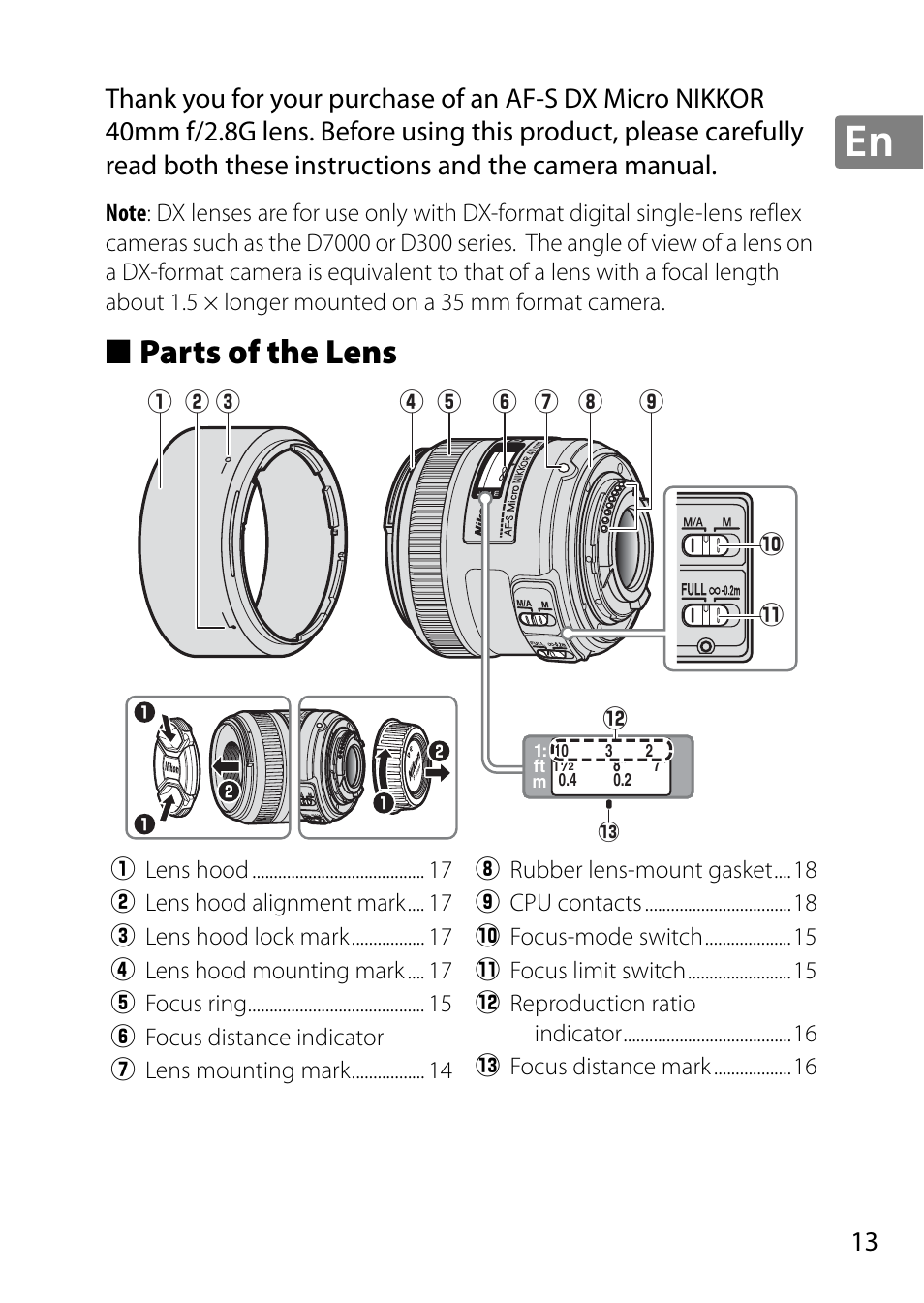 Parts of the lens | Nikon 40mm-f-28G-AF-S-DX-Micro-Nikkor User Manual | Page 13 / 168