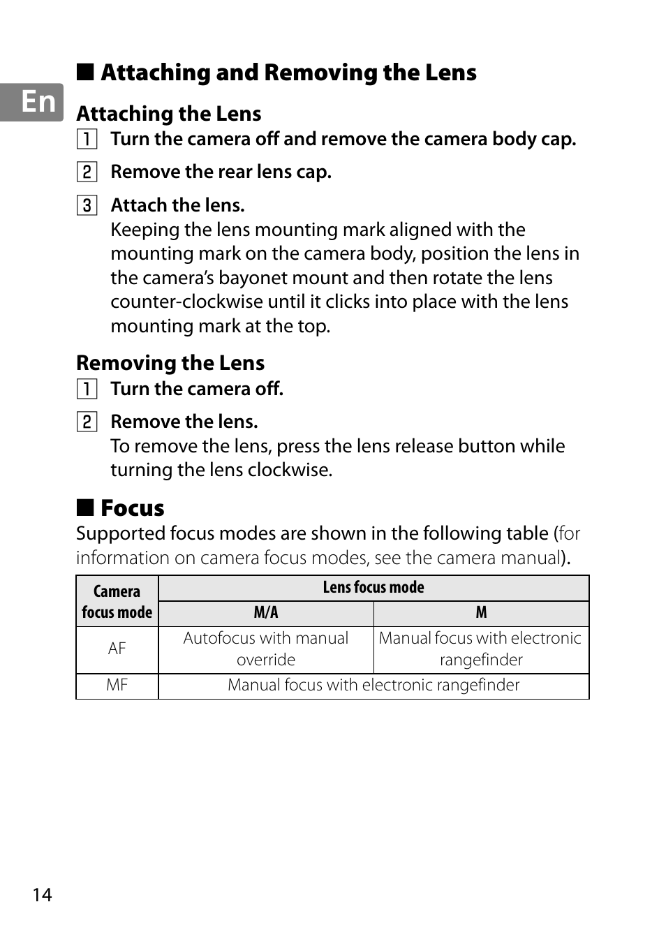 Attaching and removing the lens, Attaching the lens, Removing the lens | Focus | Nikon 40mm-f-28G-AF-S-DX-Micro-Nikkor User Manual | Page 14 / 168