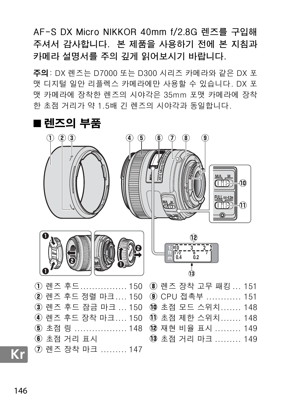 렌즈의 부품 | Nikon 40mm-f-28G-AF-S-DX-Micro-Nikkor User Manual | Page 146 / 168