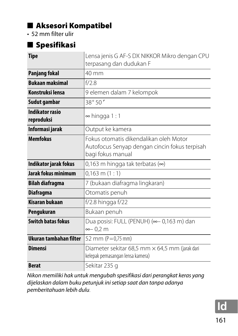 Aksesori kompatibel, Spesifikasi | Nikon 40mm-f-28G-AF-S-DX-Micro-Nikkor User Manual | Page 161 / 168