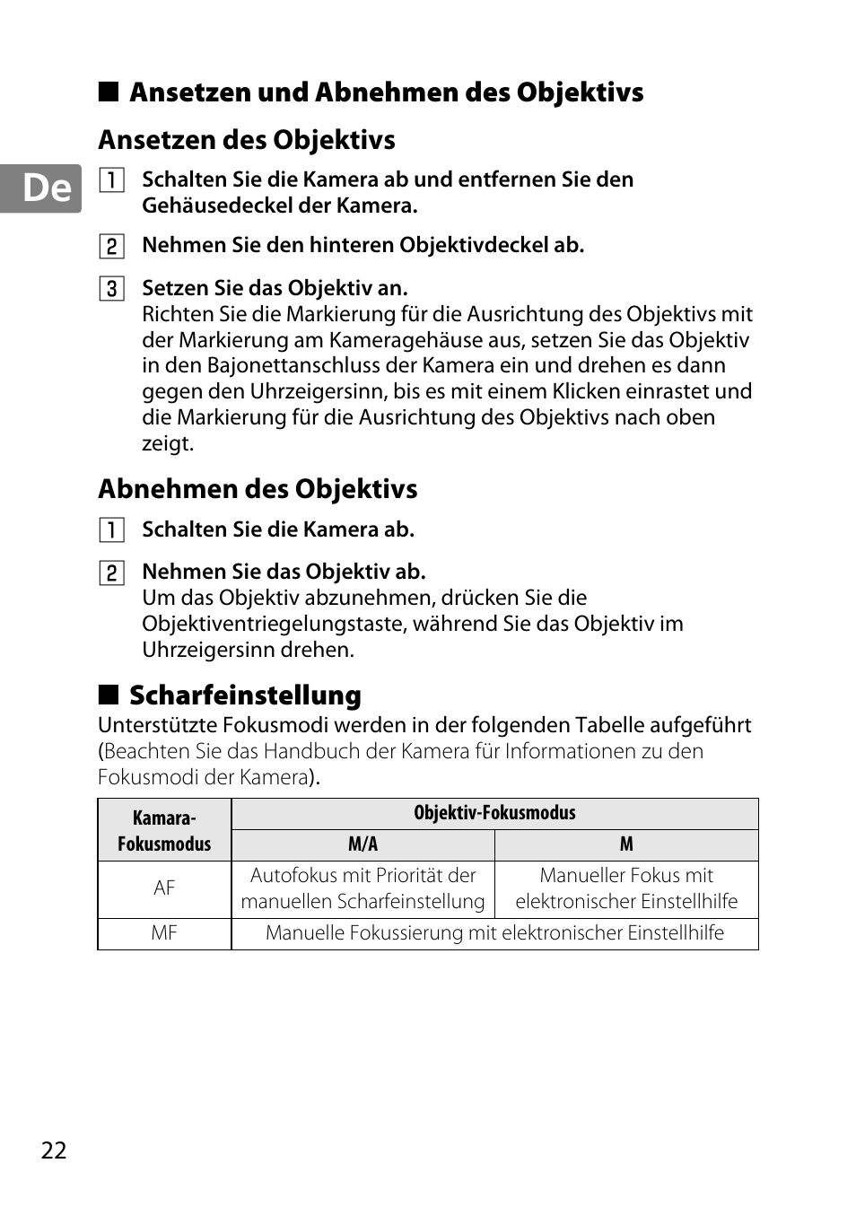 Ansetzen und abnehmen des objektivs, Ansetzen des objektivs, Abnehmen des objektivs | Scharfeinstellung | Nikon 40mm-f-28G-AF-S-DX-Micro-Nikkor User Manual | Page 22 / 168