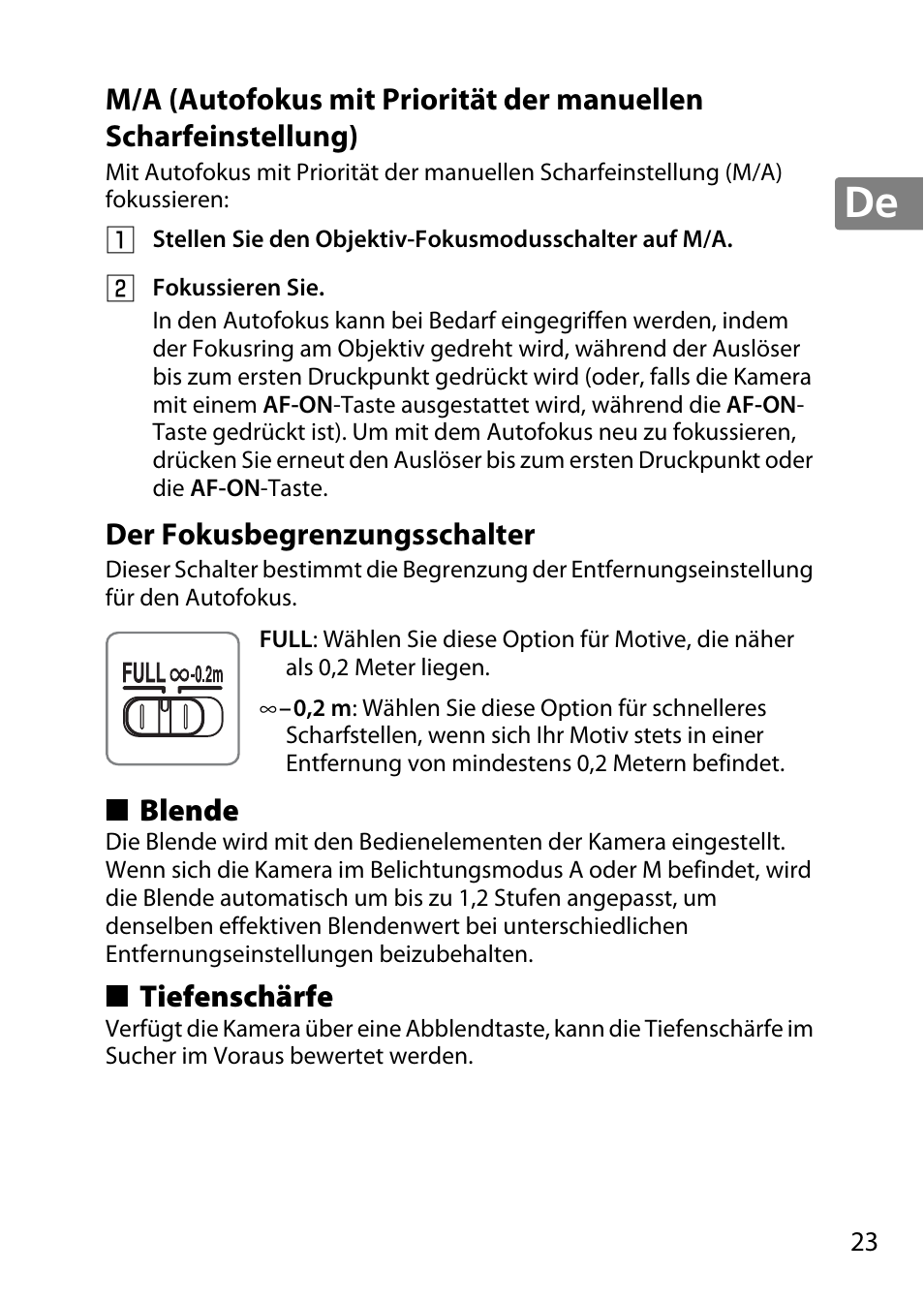 Der fokusbegrenzungsschalter, Blende, Tiefenschärfe | Nikon 40mm-f-28G-AF-S-DX-Micro-Nikkor User Manual | Page 23 / 168