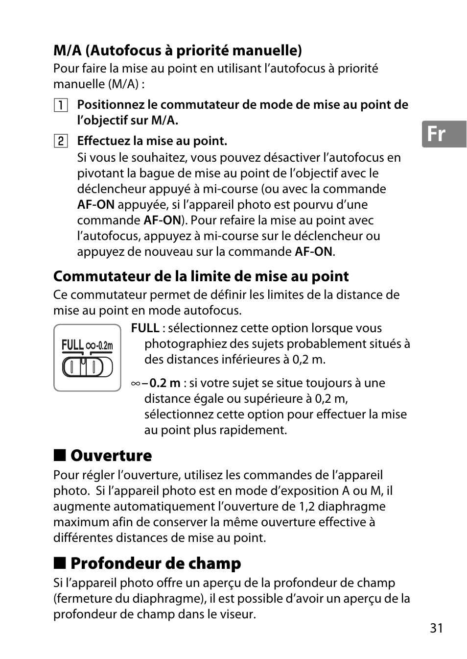 M/a (autofocus à priorité manuelle), Commutateur de la limite de mise au point, Ouverture | Profondeur de champ | Nikon 40mm-f-28G-AF-S-DX-Micro-Nikkor User Manual | Page 31 / 168