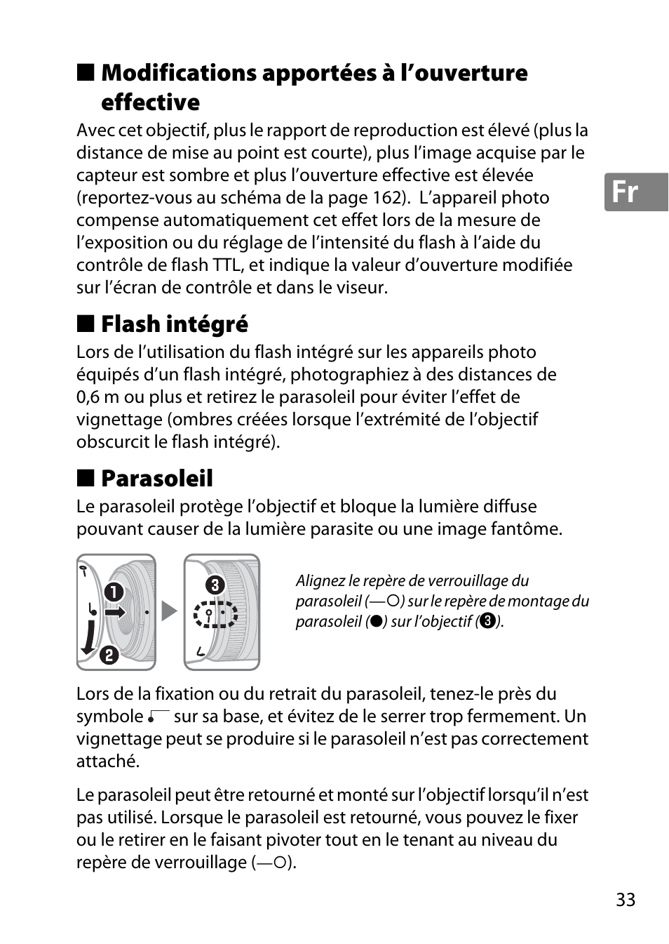 Modifications apportées à l’ouverture effective, Flash intégré, Parasoleil | Nikon 40mm-f-28G-AF-S-DX-Micro-Nikkor User Manual | Page 33 / 168