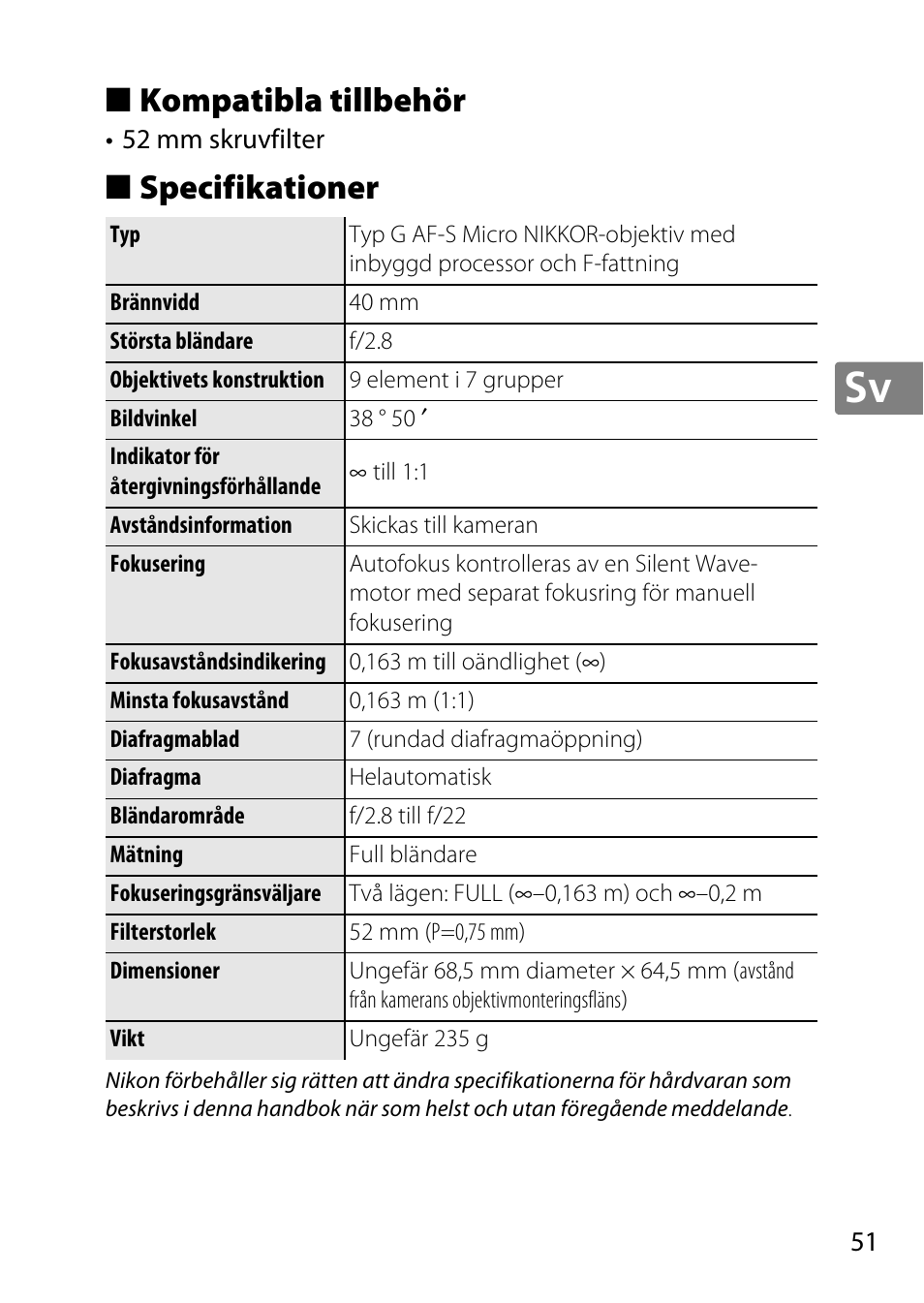 Kompatibla tillbehör, Specifikationer | Nikon 40mm-f-28G-AF-S-DX-Micro-Nikkor User Manual | Page 51 / 168