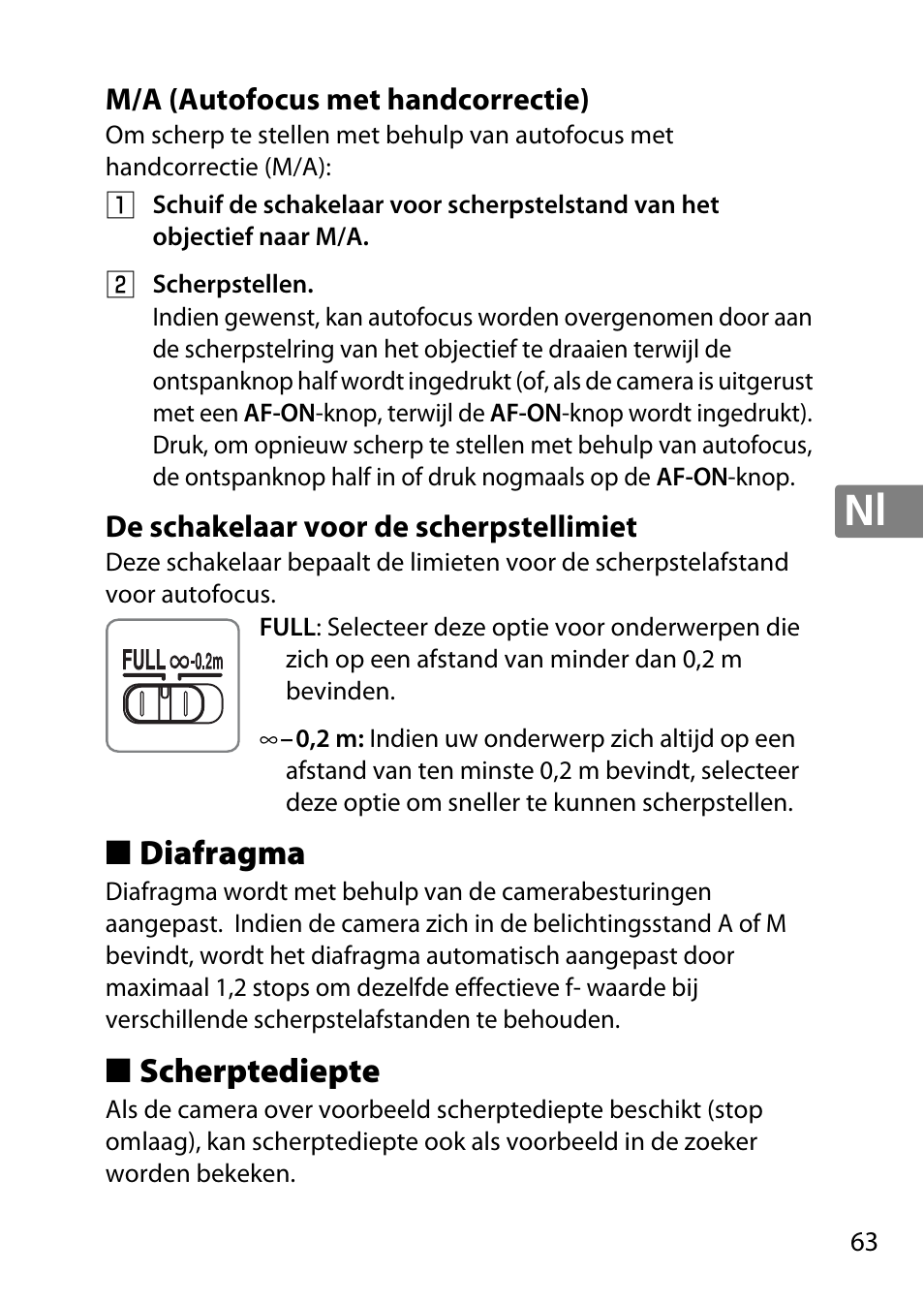 M/a (autofocus met handcorrectie), De schakelaar voor de scherpstellimiet, Diafragma | Scherptediepte | Nikon 40mm-f-28G-AF-S-DX-Micro-Nikkor User Manual | Page 63 / 168