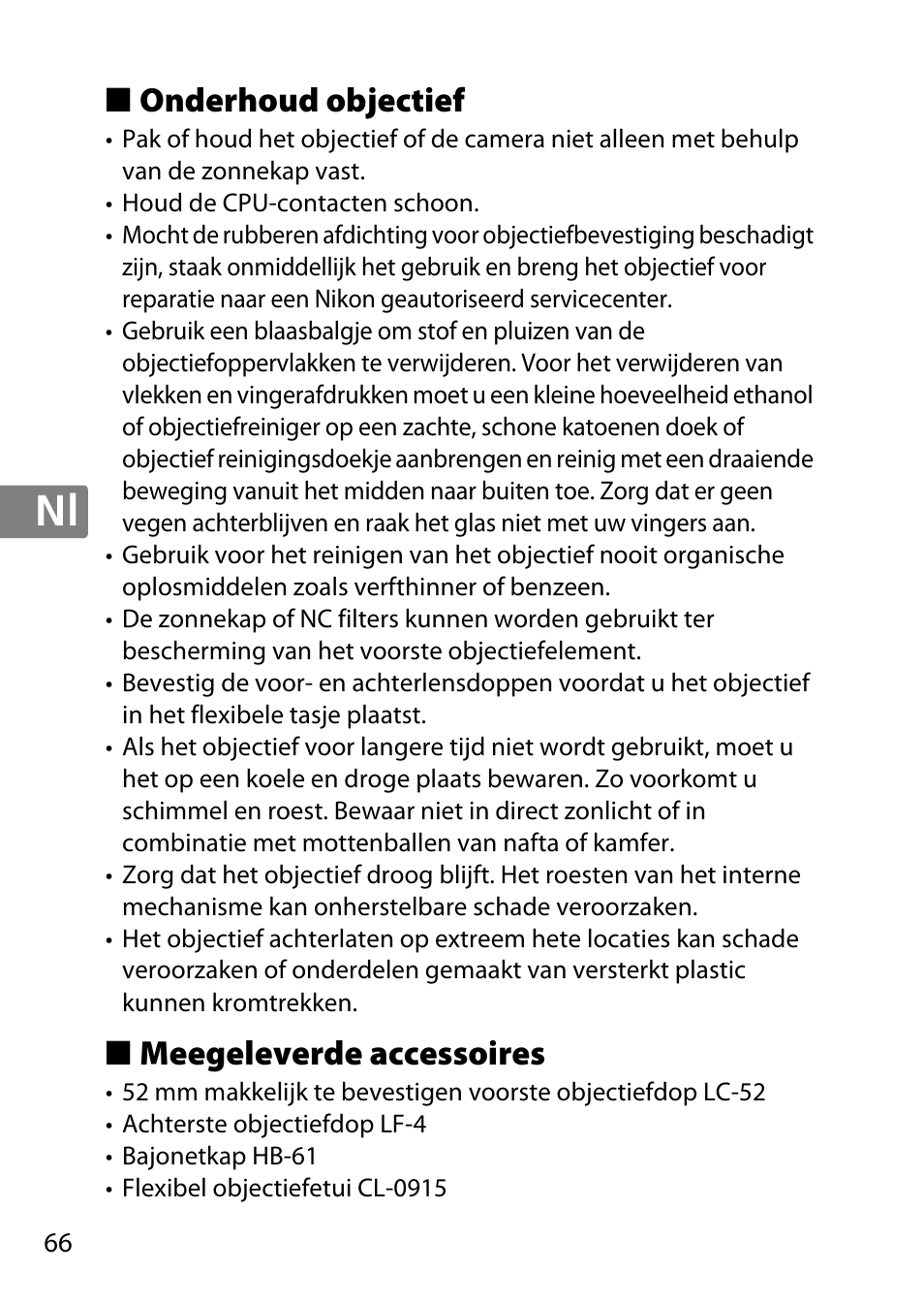 Onderhoud objectief, Meegeleverde accessoires | Nikon 40mm-f-28G-AF-S-DX-Micro-Nikkor User Manual | Page 66 / 168