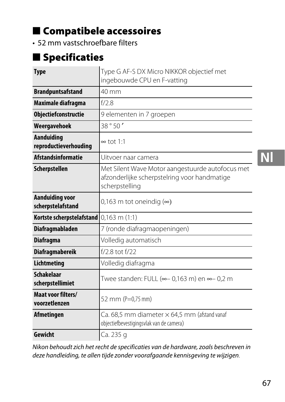 Compatibele accessoires, Specificaties | Nikon 40mm-f-28G-AF-S-DX-Micro-Nikkor User Manual | Page 67 / 168