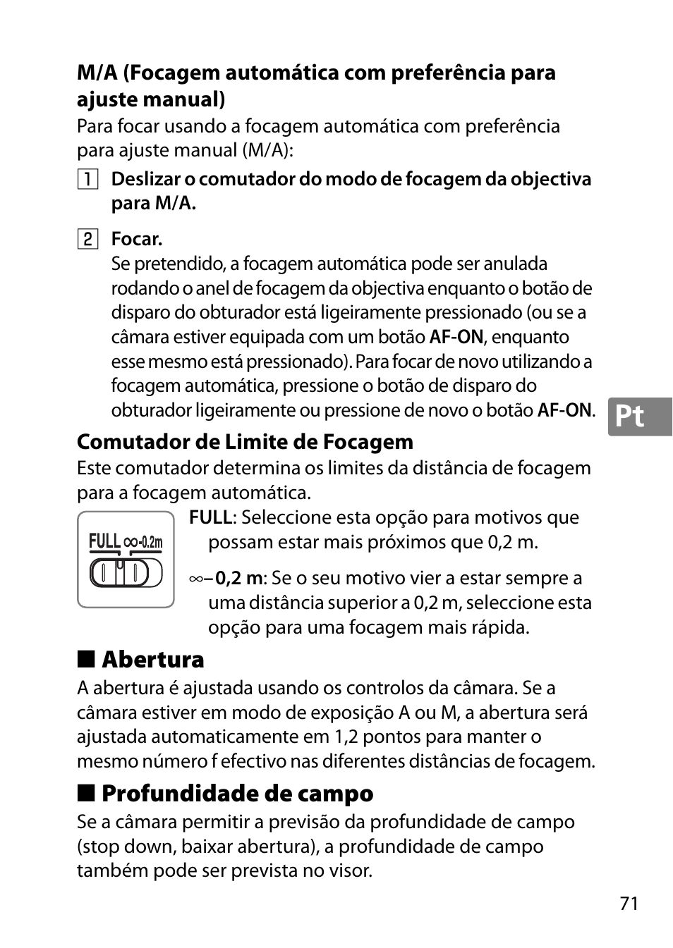 Comutador de limite de focagem, Abertura, Profundidade de campo | Nikon 40mm-f-28G-AF-S-DX-Micro-Nikkor User Manual | Page 71 / 168
