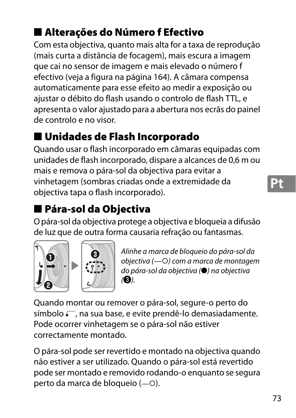 Alterações do número f efectivo, Unidades de flash incorporado, Pára-sol da objectiva | Nikon 40mm-f-28G-AF-S-DX-Micro-Nikkor User Manual | Page 73 / 168