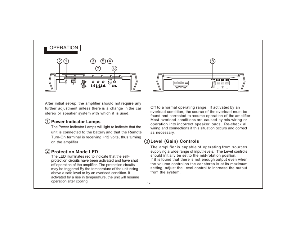 Operation, Power indicator lamps, Protection mode led | Level (gain) controls, Gnd l + l + r + r + ll rr | Audiovox XTM-600 User Manual | Page 10 / 13