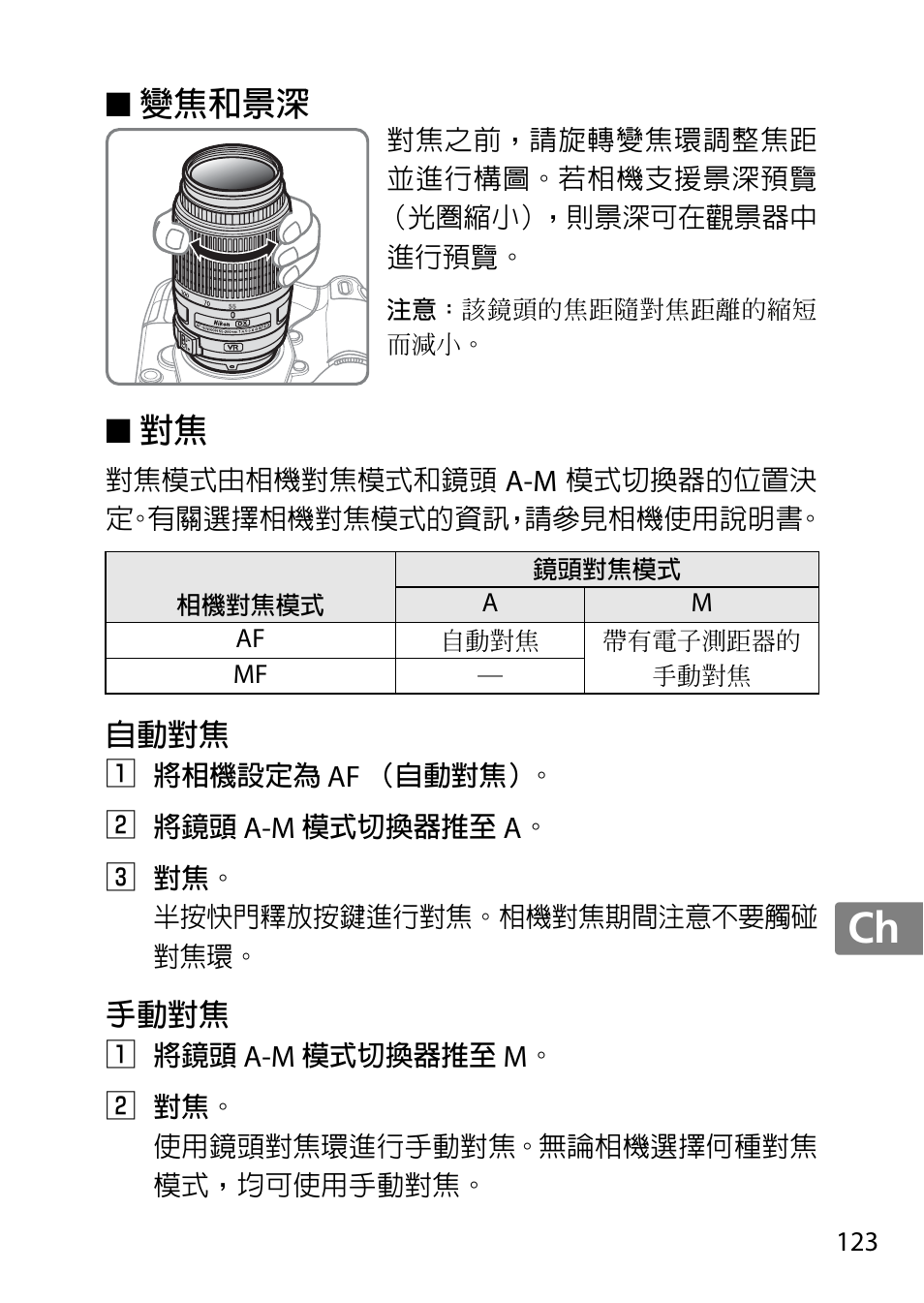 變焦和景深, 自動對焦, 手動對焦 | Jp en de fr es sv ru nl it cz sk ro ua ck ch kr, 變焦和景深 ■ 對焦 | Nikon 55-300mm-f-45-56G-AF-S-DX-Zoom-Nikkor User Manual | Page 123 / 140