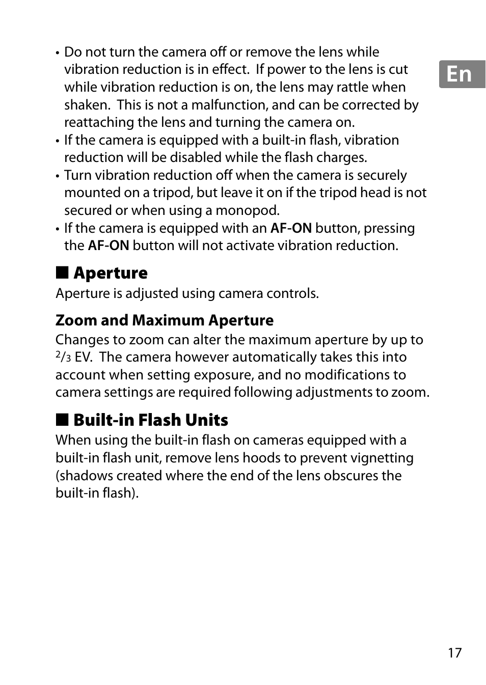 Aperture, Zoom and maximum aperture, Built-in flash units | Jp en de fr es sv ru nl it cz sk ro ua ck ch kr | Nikon 55-300mm-f-45-56G-AF-S-DX-Zoom-Nikkor User Manual | Page 17 / 140
