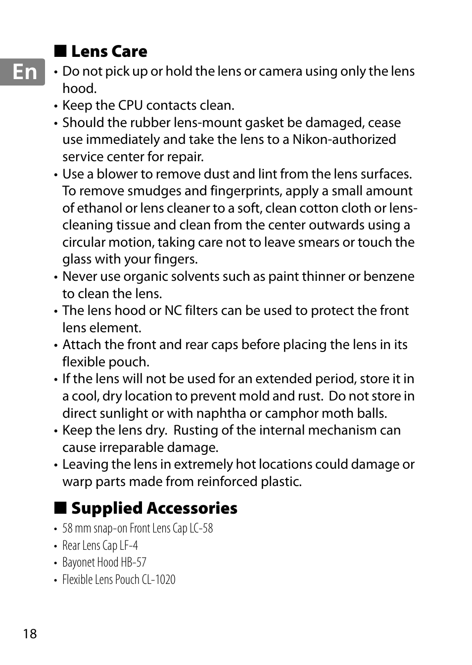 Lens care, Supplied accessories, Jp en de fr es sv ru nl it cz sk ro ua ck ch kr | Nikon 55-300mm-f-45-56G-AF-S-DX-Zoom-Nikkor User Manual | Page 18 / 140