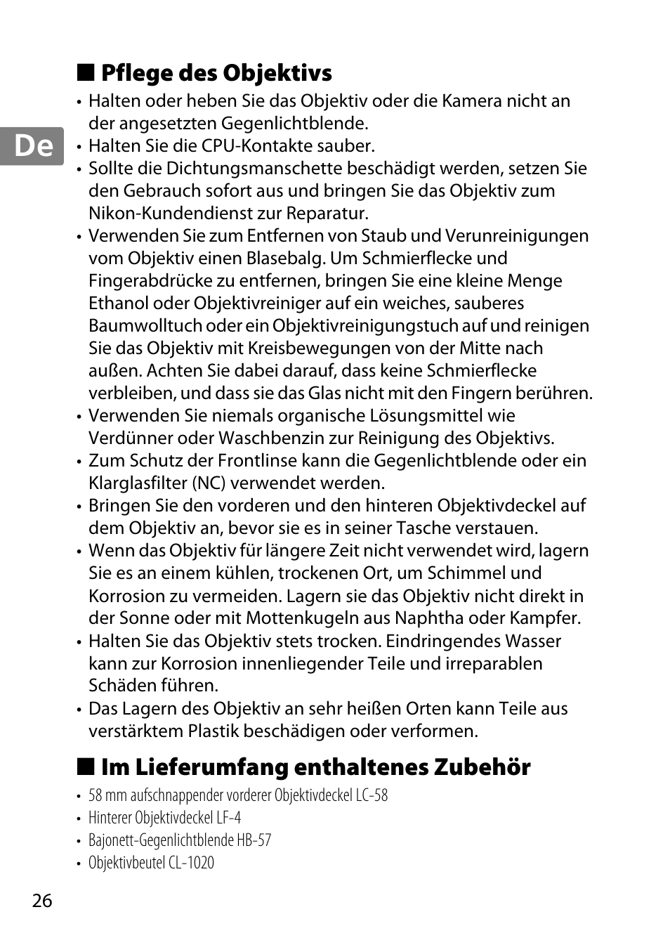 Pflege des objektivs, Im lieferumfang enthaltenes zubehör, Jp en de fr es sv ru nl it cz sk ro ua ck ch kr | Nikon 55-300mm-f-45-56G-AF-S-DX-Zoom-Nikkor User Manual | Page 26 / 140
