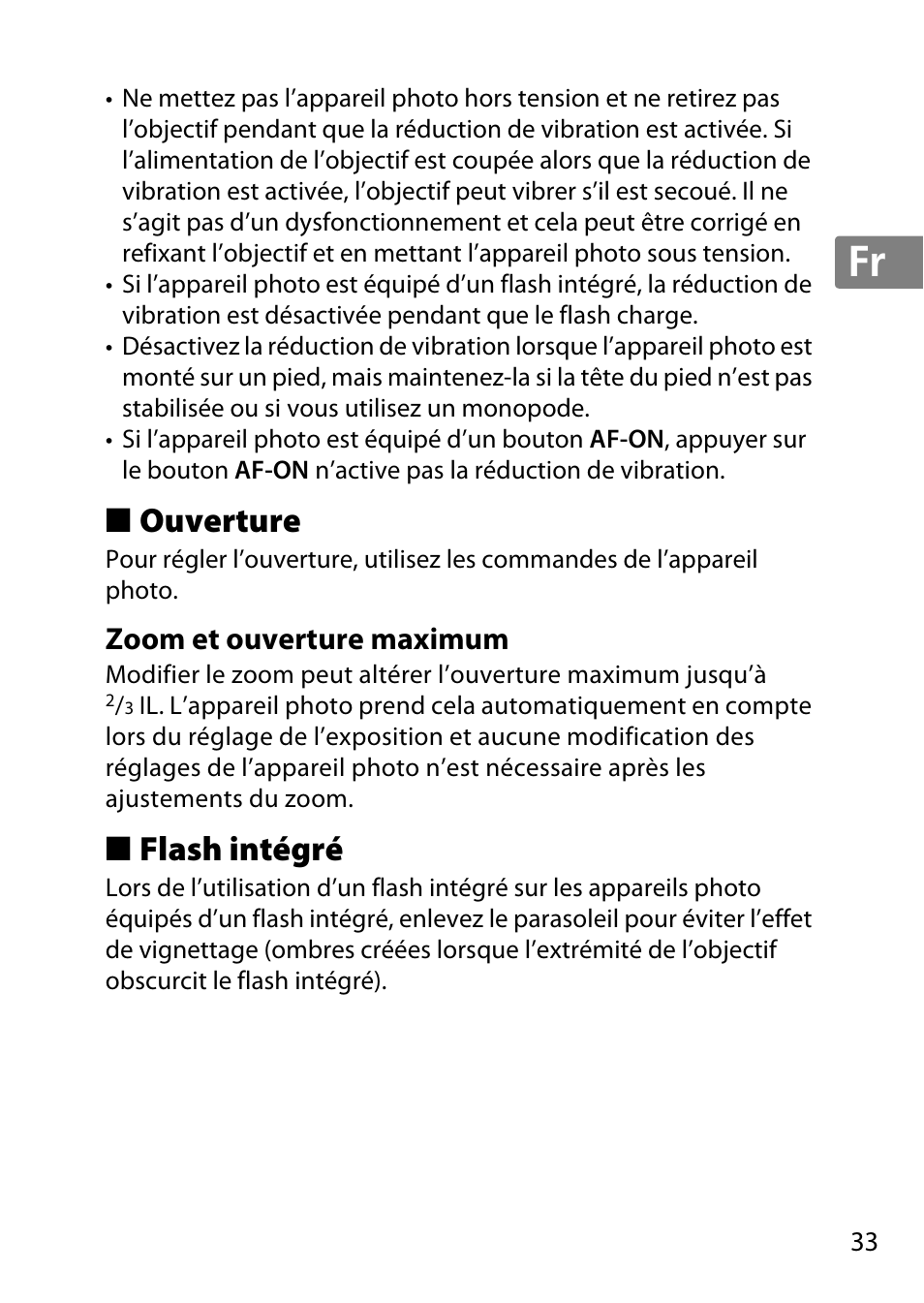 Ouverture, Zoom et ouverture maximum, Flash intégré | Jp en de fr es sv ru nl it cz sk ro ua ck ch kr | Nikon 55-300mm-f-45-56G-AF-S-DX-Zoom-Nikkor User Manual | Page 33 / 140