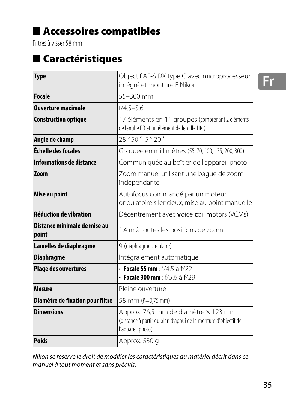Accessoires compatibles, Caractéristiques, Jp en de fr es sv ru nl it cz sk ro ua ck ch kr | Nikon 55-300mm-f-45-56G-AF-S-DX-Zoom-Nikkor User Manual | Page 35 / 140