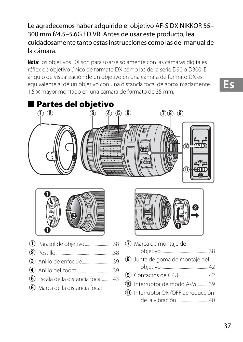 Partes del objetivo, Jp en de fr es sv ru nl it cz sk ro ua ck ch kr | Nikon 55-300mm-f-45-56G-AF-S-DX-Zoom-Nikkor User Manual | Page 37 / 140