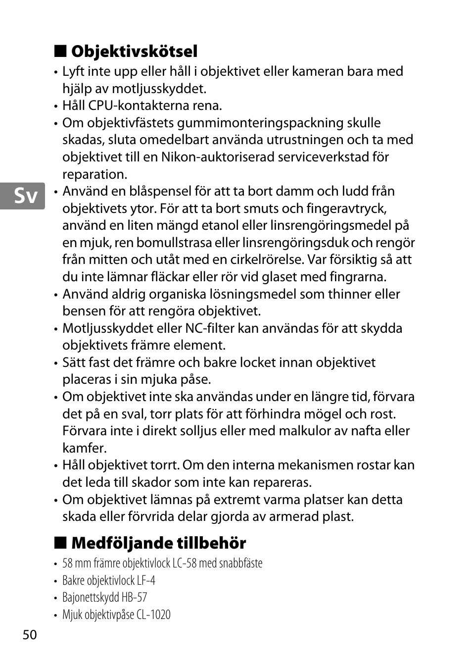 Objektivskötsel, Medföljande tillbehör, Jp en de fr es sv ru nl it cz sk ro ua ck ch kr | Nikon 55-300mm-f-45-56G-AF-S-DX-Zoom-Nikkor User Manual | Page 50 / 140