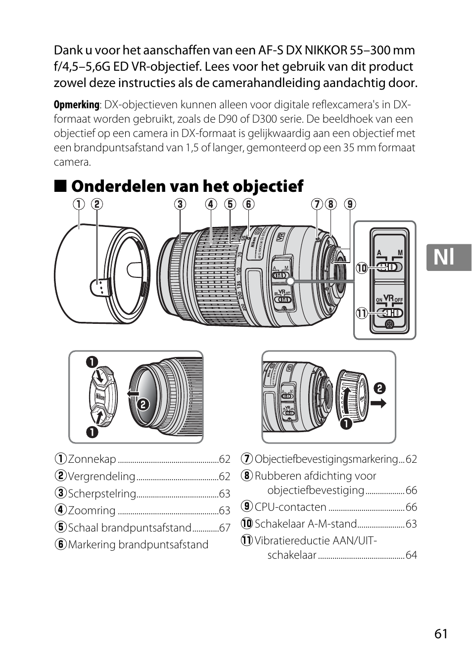 Onderdelen van het objectief, Jp en de fr es sv ru nl it cz sk ro ua ck ch kr | Nikon 55-300mm-f-45-56G-AF-S-DX-Zoom-Nikkor User Manual | Page 61 / 140