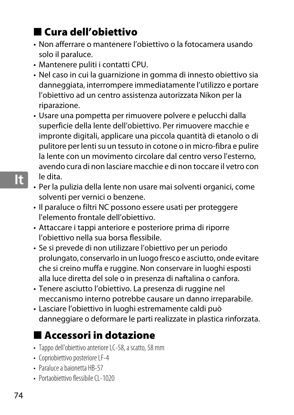 Cura dell’obiettivo, Accessori in dotazione, Jp en de fr es sv ru nl it cz sk ro ua ck ch kr | Nikon 55-300mm-f-45-56G-AF-S-DX-Zoom-Nikkor User Manual | Page 74 / 140