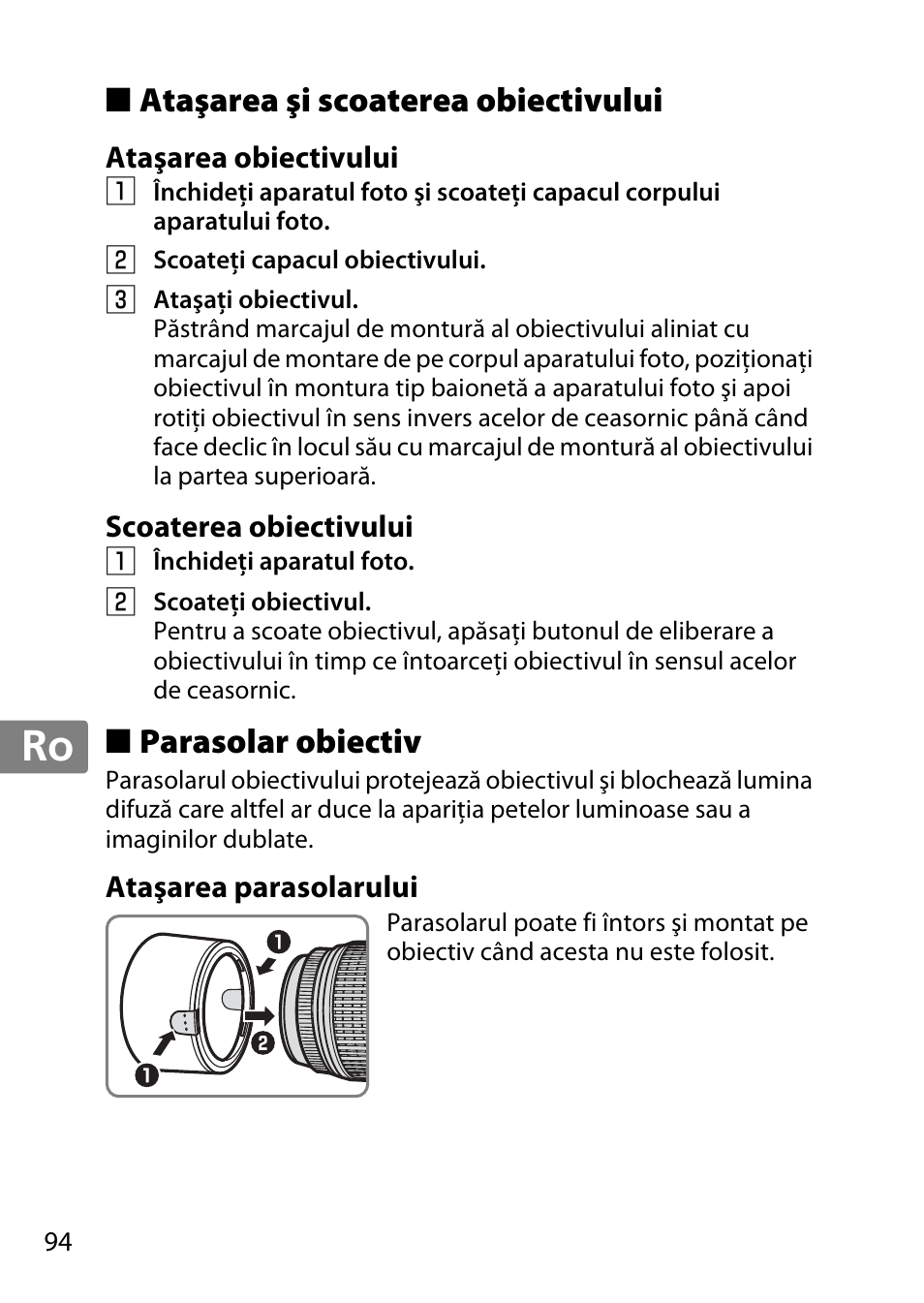 Ataşarea şi scoaterea obiectivului, Ataşarea obiectivului, Scoaterea obiectivului | Parasolar obiectiv, Ataşarea parasolarului, Jp en de fr es sv ru nl it cz sk ro ua ck ch kr | Nikon 55-300mm-f-45-56G-AF-S-DX-Zoom-Nikkor User Manual | Page 94 / 140