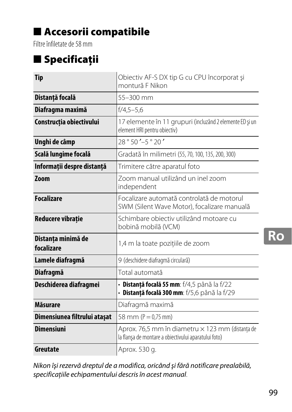 Accesorii compatibile, Specificaţii, Jp en de fr es sv ru nl it cz sk ro ua ck ch kr | Nikon 55-300mm-f-45-56G-AF-S-DX-Zoom-Nikkor User Manual | Page 99 / 140