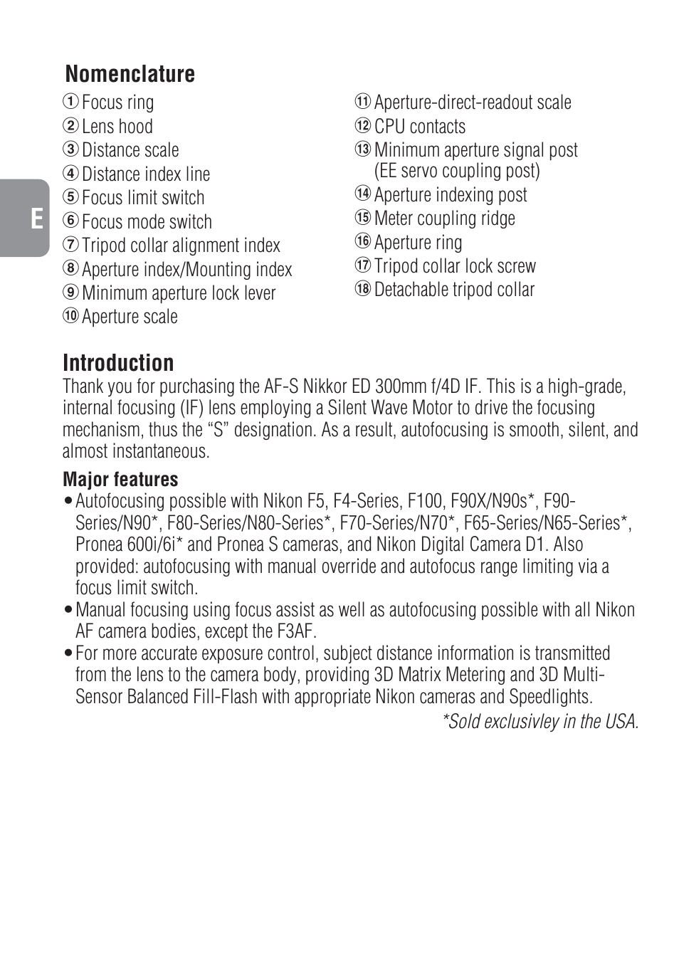Introduction, Nomenclature | Nikon 300mm-f-4-IF-ED-AF-S-Nikkor User Manual | Page 12 / 54
