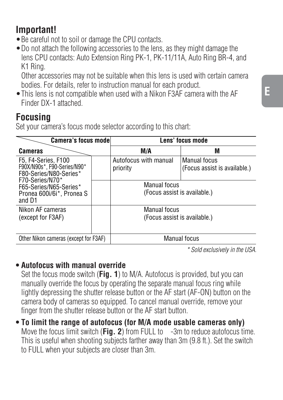 Important, Focusing | Nikon 300mm-f-4-IF-ED-AF-S-Nikkor User Manual | Page 13 / 54