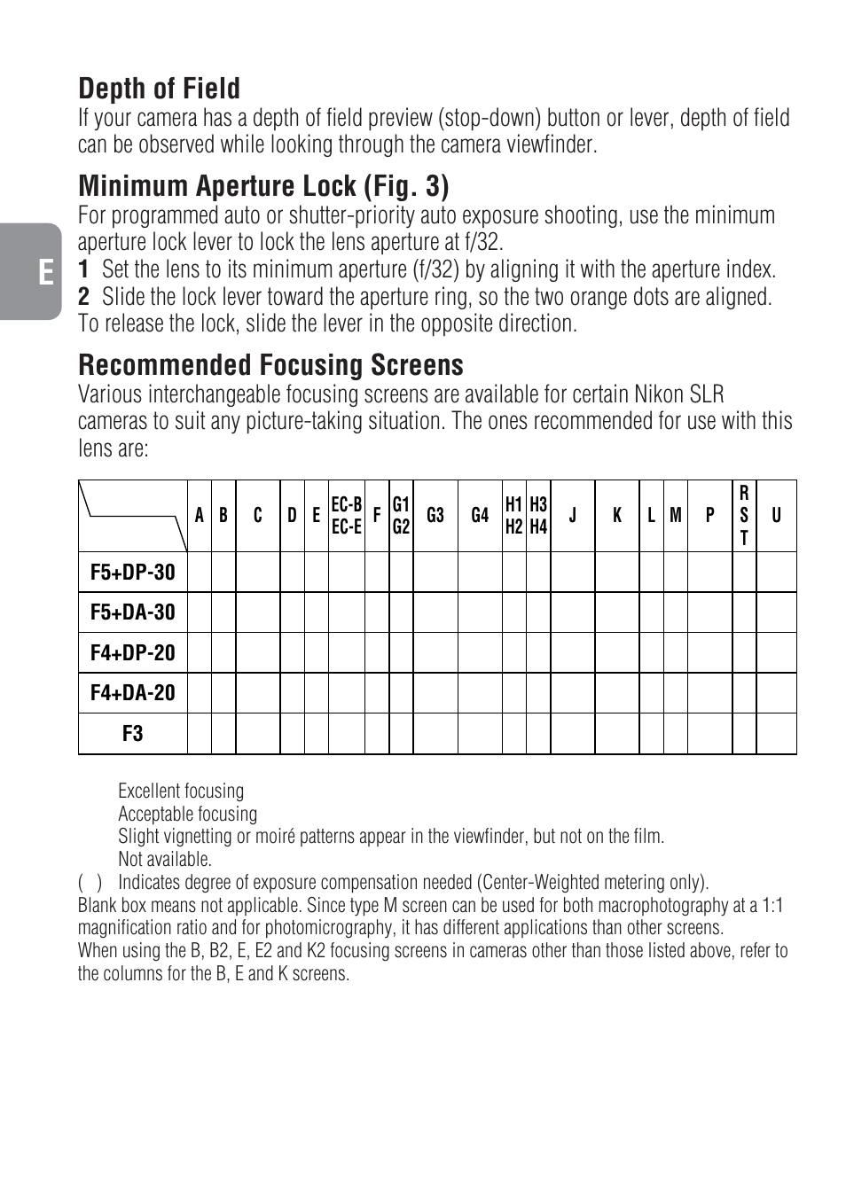 Depth of field, Minimum aperture lock (fig. 3), Recommended focusing screens | Nikon 300mm-f-4-IF-ED-AF-S-Nikkor User Manual | Page 14 / 54