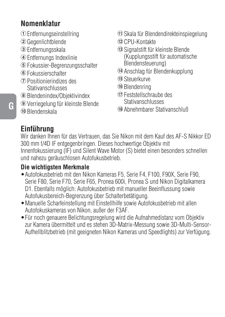 Einführung, Nomenklatur | Nikon 300mm-f-4-IF-ED-AF-S-Nikkor User Manual | Page 18 / 54
