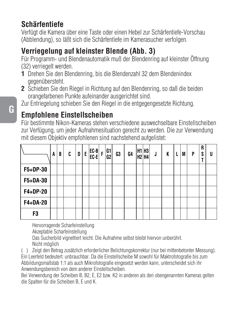 Schärfentiefe, Verriegelung auf kleinster blende (abb. 3), Empfohlene einstellscheiben | Nikon 300mm-f-4-IF-ED-AF-S-Nikkor User Manual | Page 20 / 54