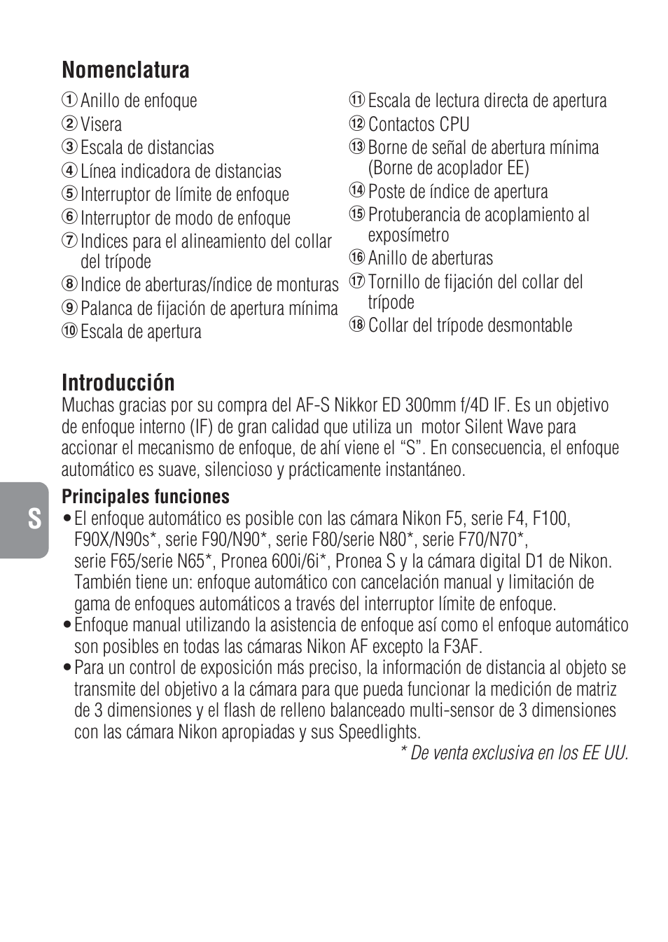 Introducción, Nomenclatura | Nikon 300mm-f-4-IF-ED-AF-S-Nikkor User Manual | Page 30 / 54