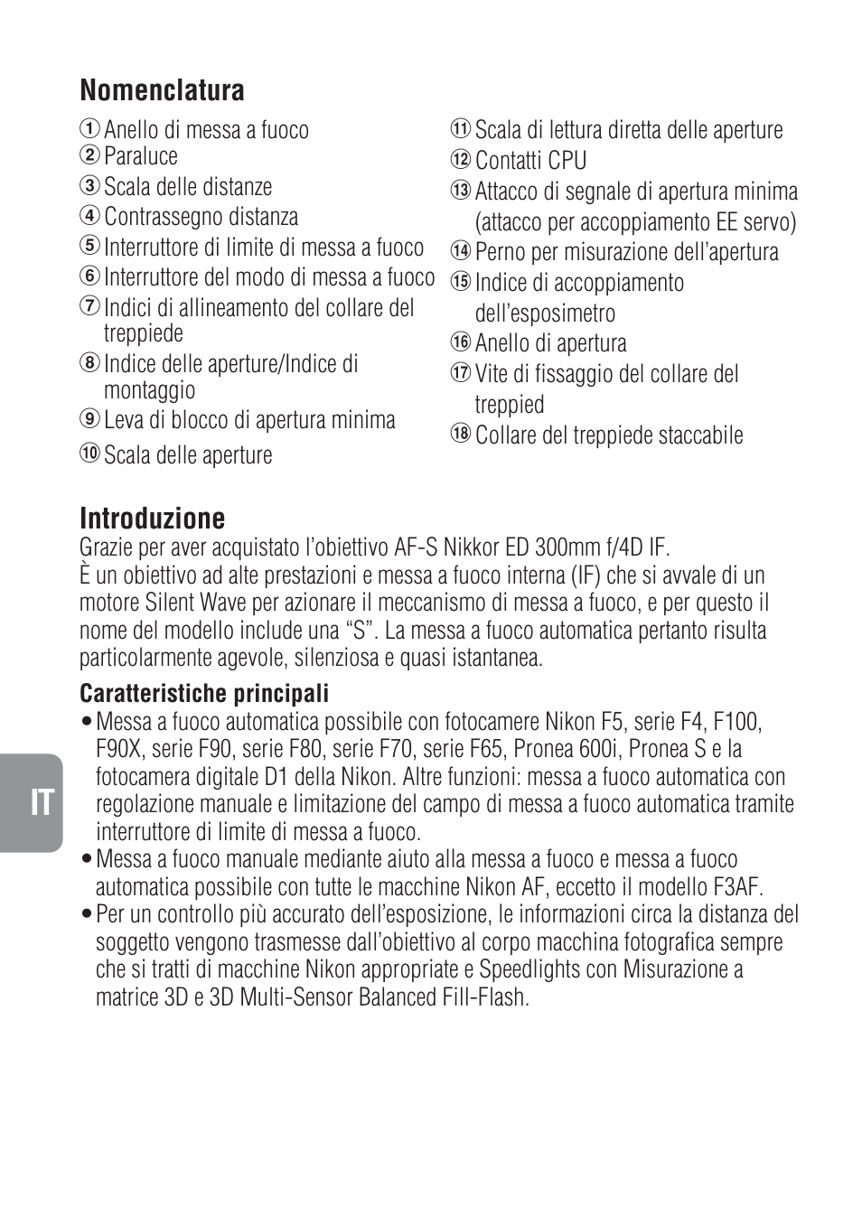 Introduzione, Nomenclatura | Nikon 300mm-f-4-IF-ED-AF-S-Nikkor User Manual | Page 36 / 54