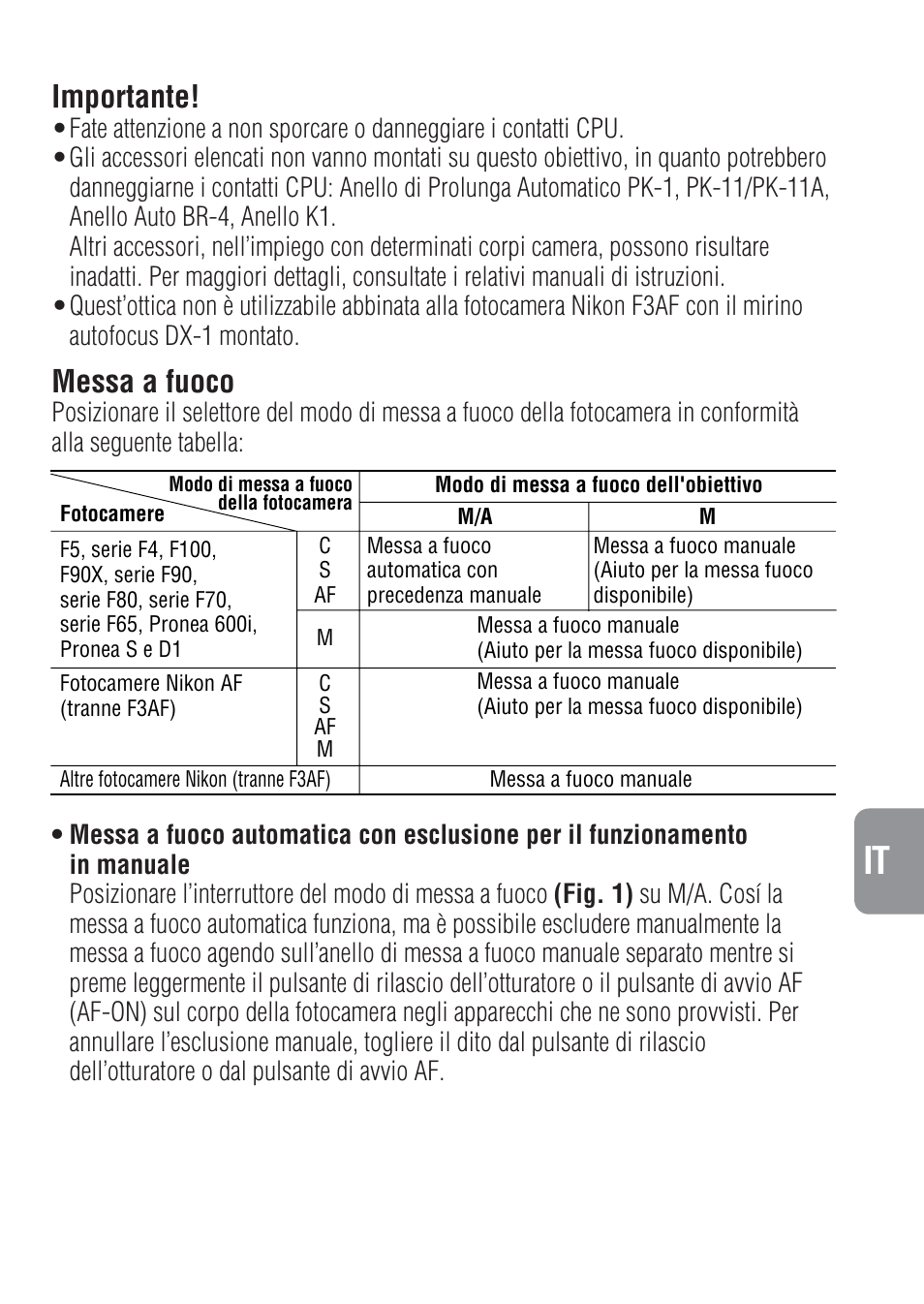 Importante, Messa a fuoco | Nikon 300mm-f-4-IF-ED-AF-S-Nikkor User Manual | Page 37 / 54