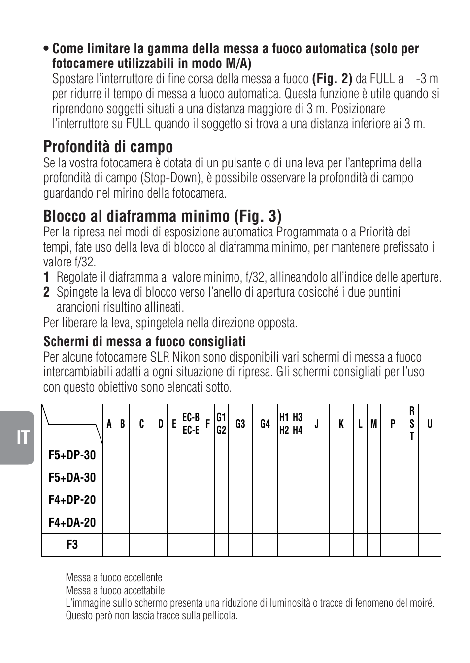 Profondità di campo, Blocco al diaframma minimo (fig. 3) | Nikon 300mm-f-4-IF-ED-AF-S-Nikkor User Manual | Page 38 / 54