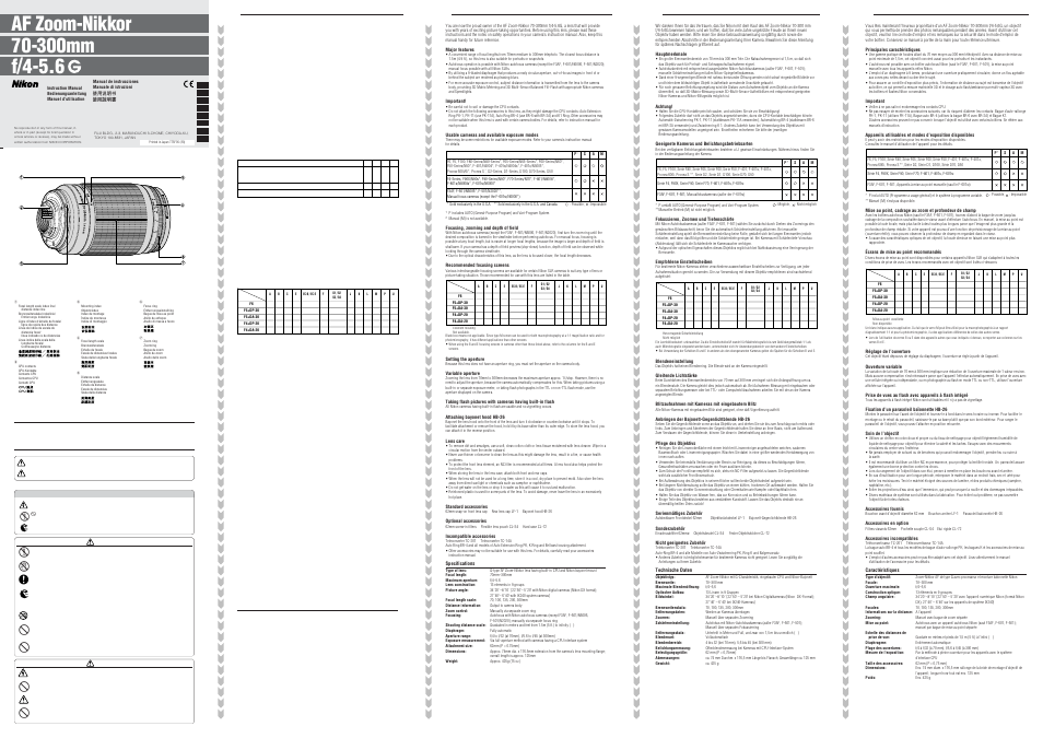 Nikon 70-300mm-f-4-56G-AF-Zoom-Nikkor User Manual | 2 pages