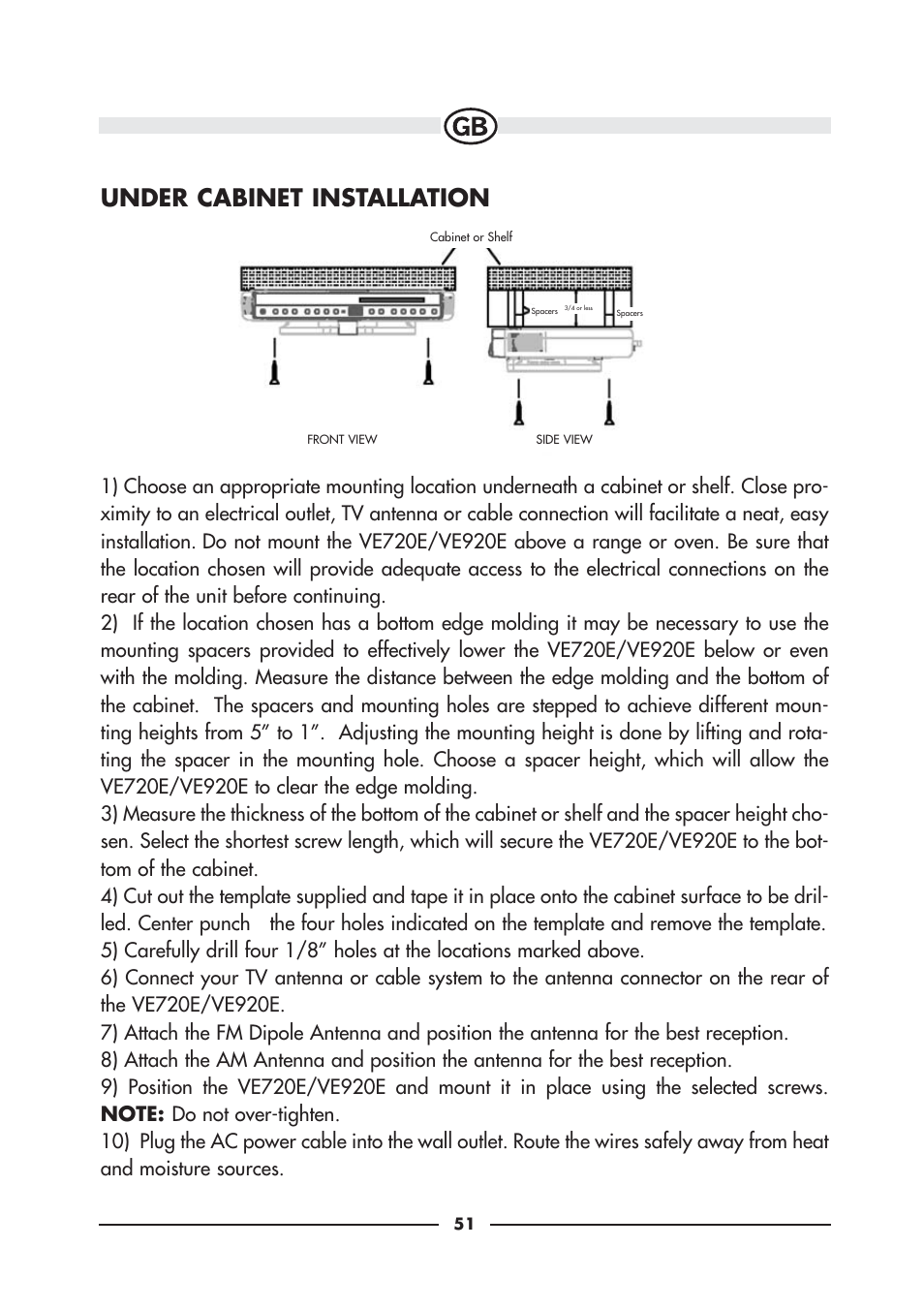 Under cabinet installation | Audiovox VE920E User Manual | Page 10 / 33