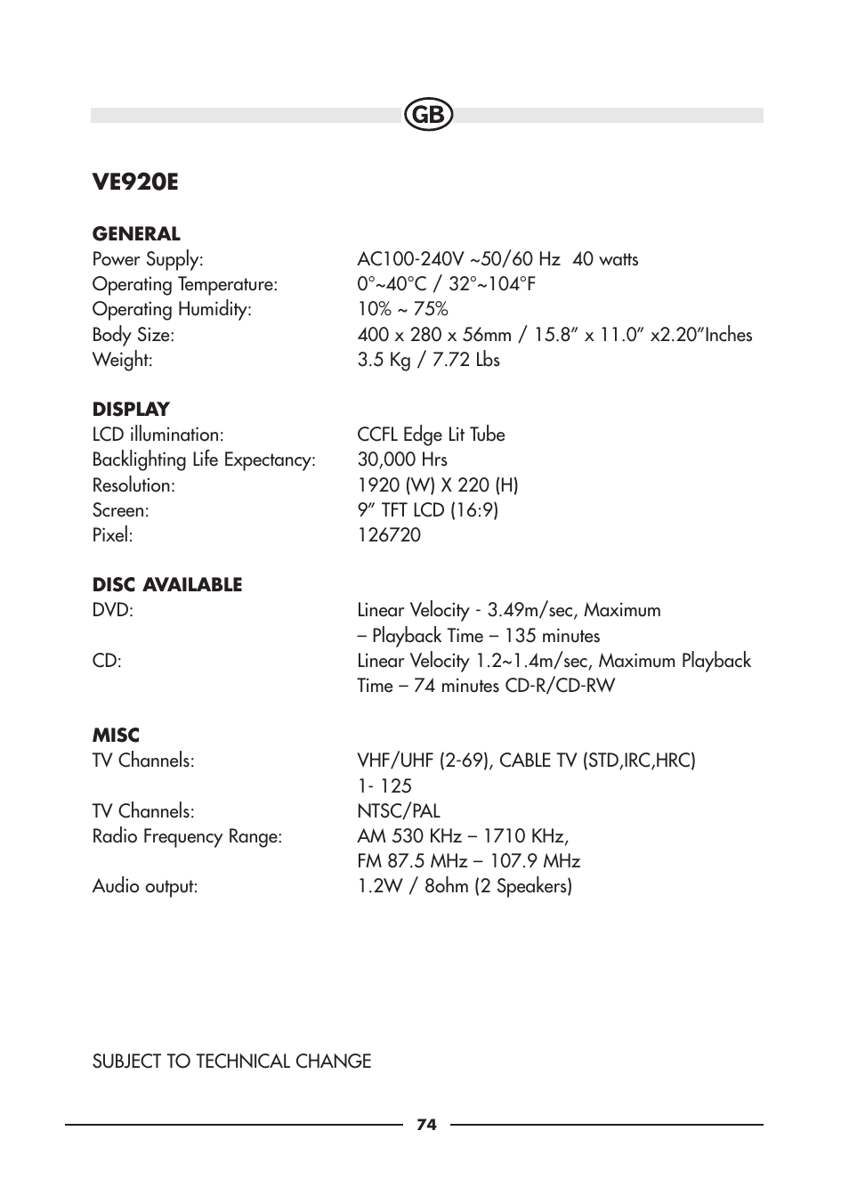 Ve920e | Audiovox VE920E User Manual | Page 32 / 33