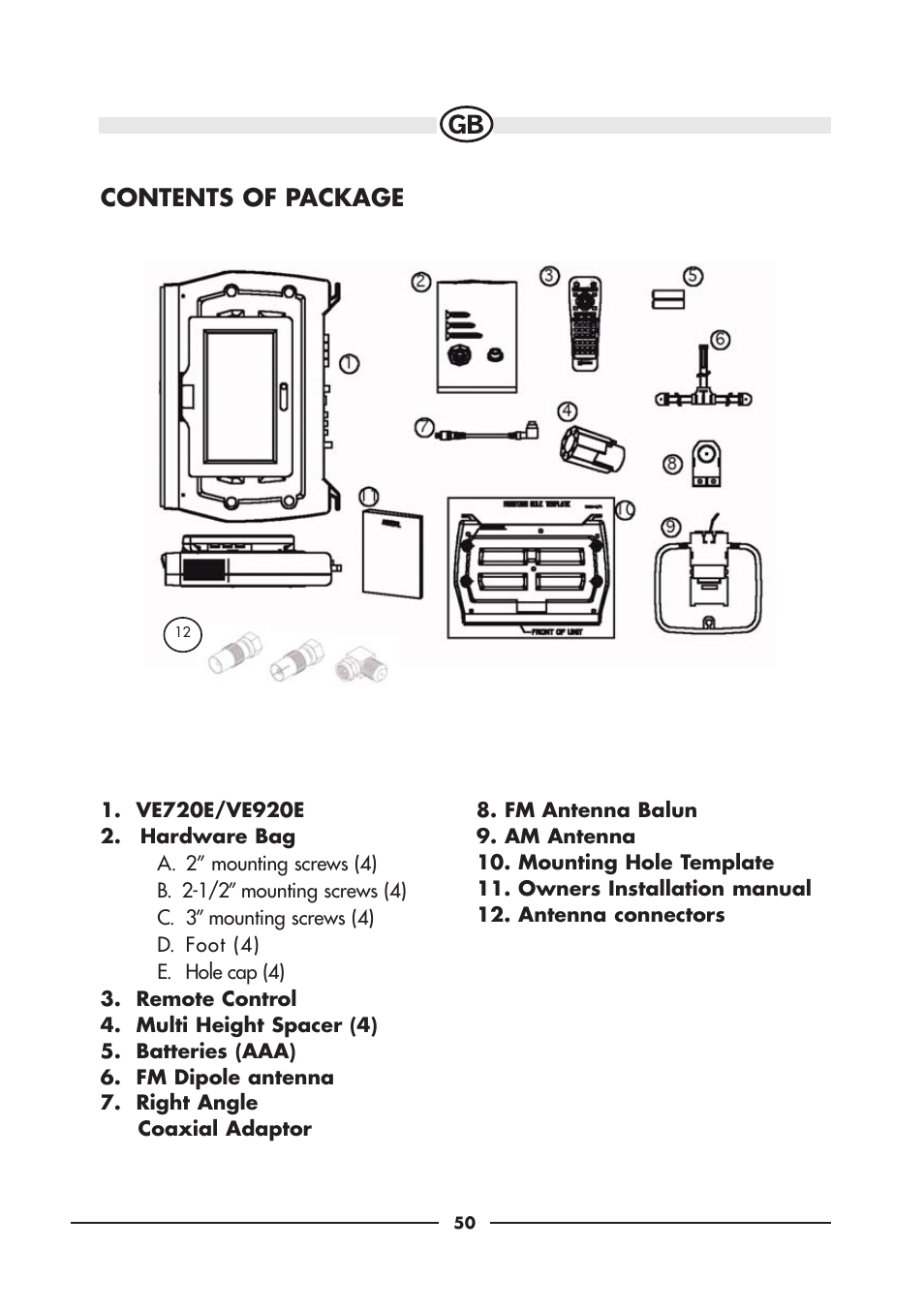 Contents of package | Audiovox VE920E User Manual | Page 8 / 33
