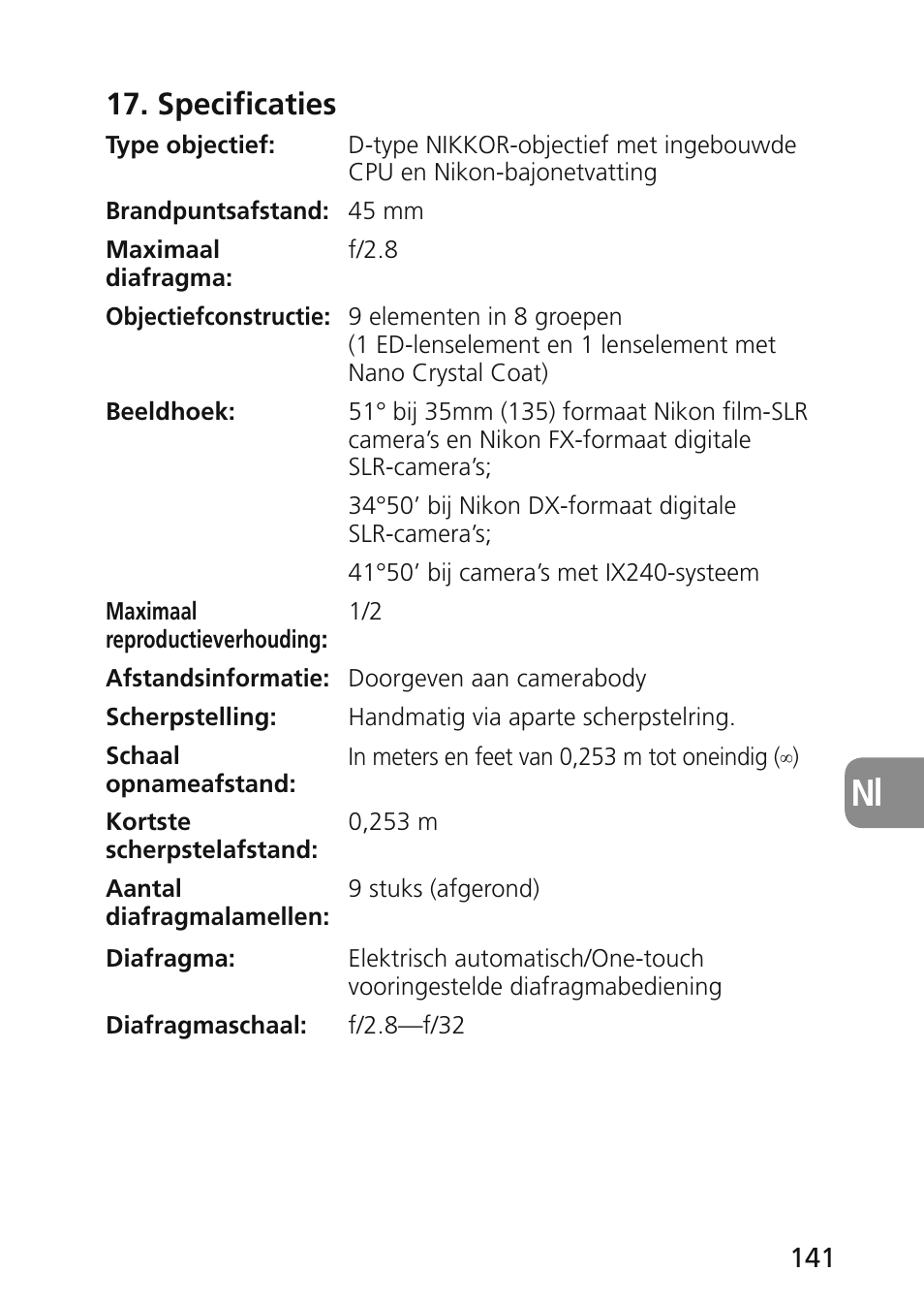 Specificaties | Nikon 45mm-f-28D-ED-PC-E-Nikkor User Manual | Page 141 / 252