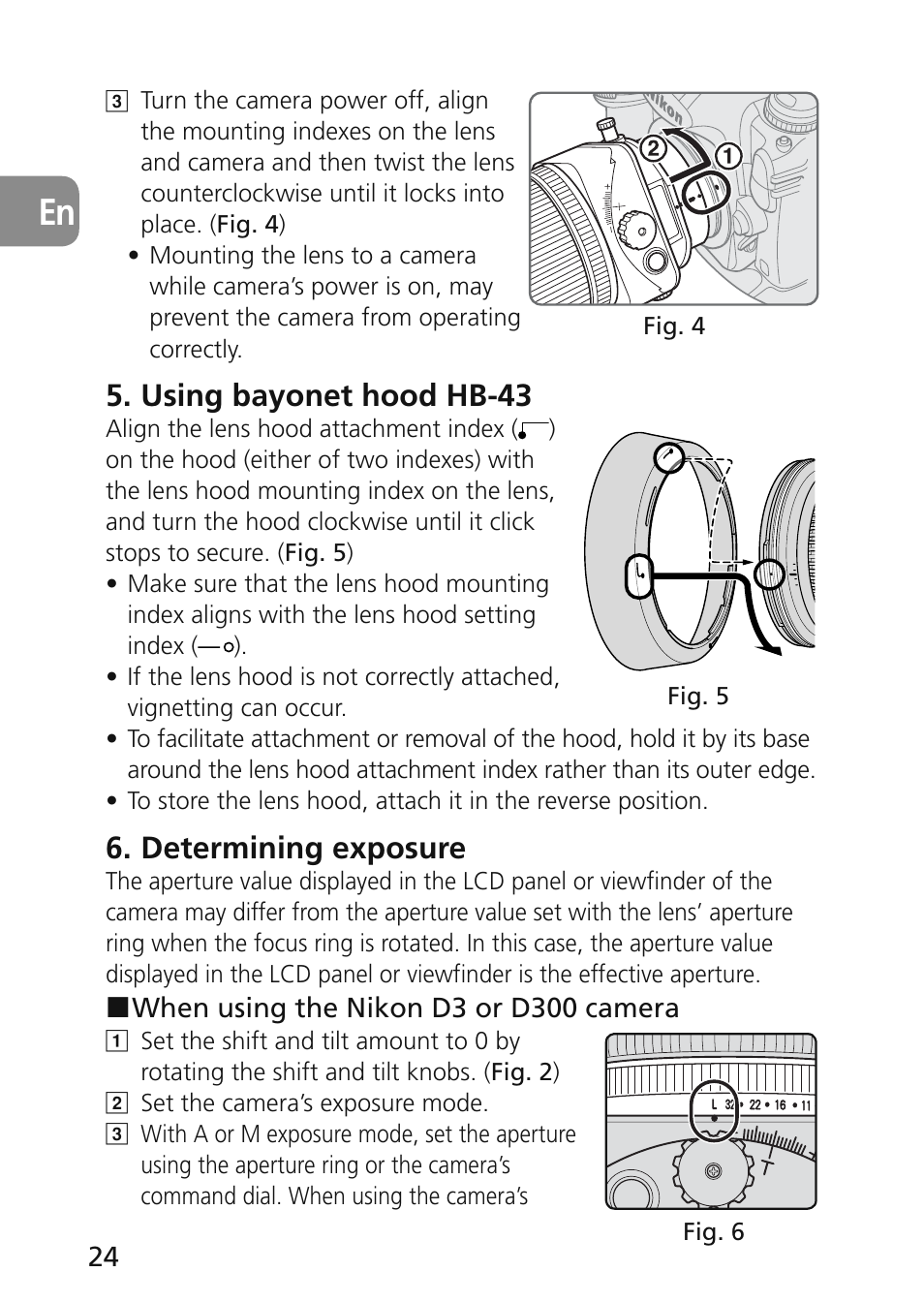 Using bayonet hood hb-43, Determining exposure | Nikon 45mm-f-28D-ED-PC-E-Nikkor User Manual | Page 24 / 252