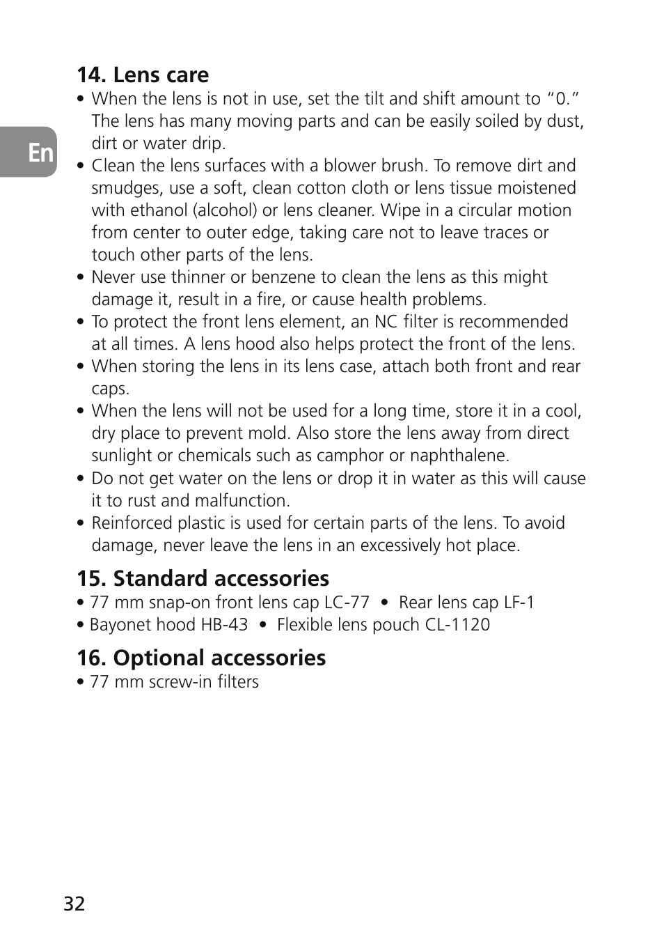 Lens care, Standard accessories, Optional accessories | Nikon 45mm-f-28D-ED-PC-E-Nikkor User Manual | Page 32 / 252